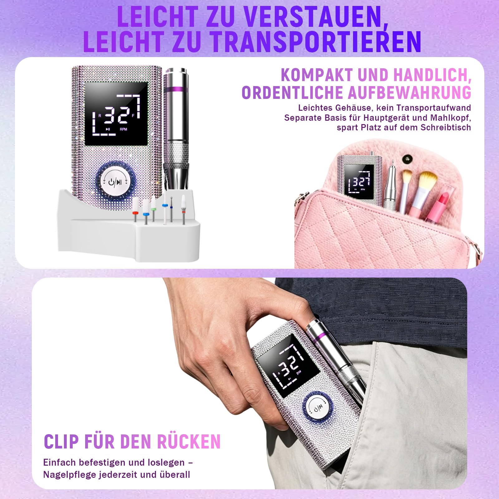 BQ-114 Pediküre Set Fußpflege Elektrisch 45.000 U/min,Wiederaufladbares Akku,Stufenlose Drehzahlregelung,8 Stunden Akku,für Acryl/Gel-Entfernung /Maniküre/Nagelformung/Nagelhautpflege/Salon (Rosa)