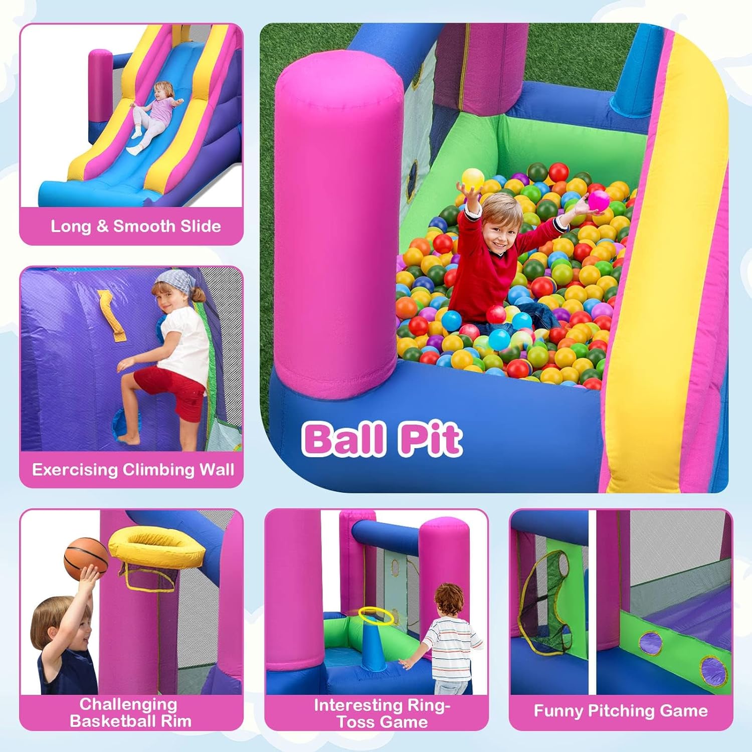 BOUNTECH Inflatable Bounce House, Princess Bouncy House with Long Slide & Ball Pit & Basketball Pit for Kids 3-10, Birthday Party Toddler Bounce House with Blower, Great Gift for Kids Backyard