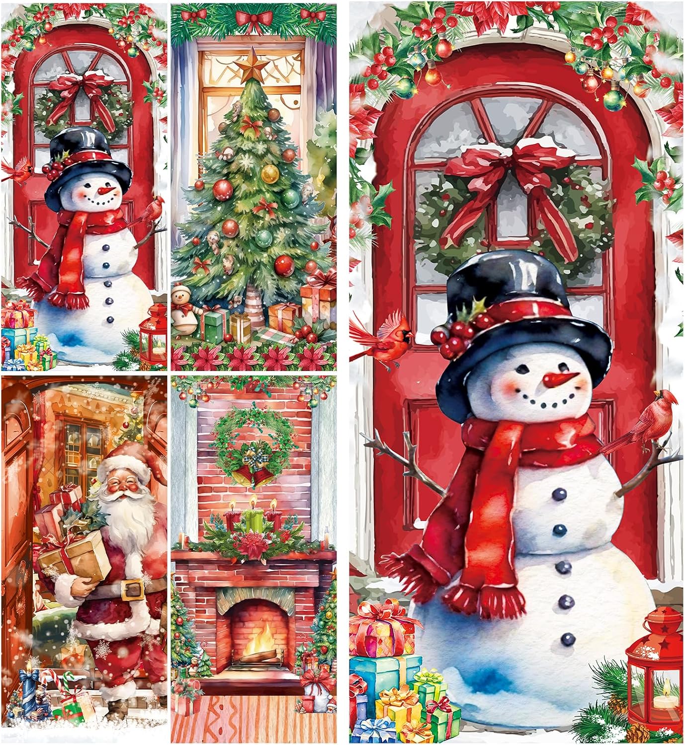 WovWeave 4 Pcs Merry Christmas Door Cover 78.7 x 35.4 Inch Xmas Tree Santa Snowman Fireplace Printed Door Hanging Cover Large Banner Background for Front Porch Outdoor Sign Holiday Party Decorations