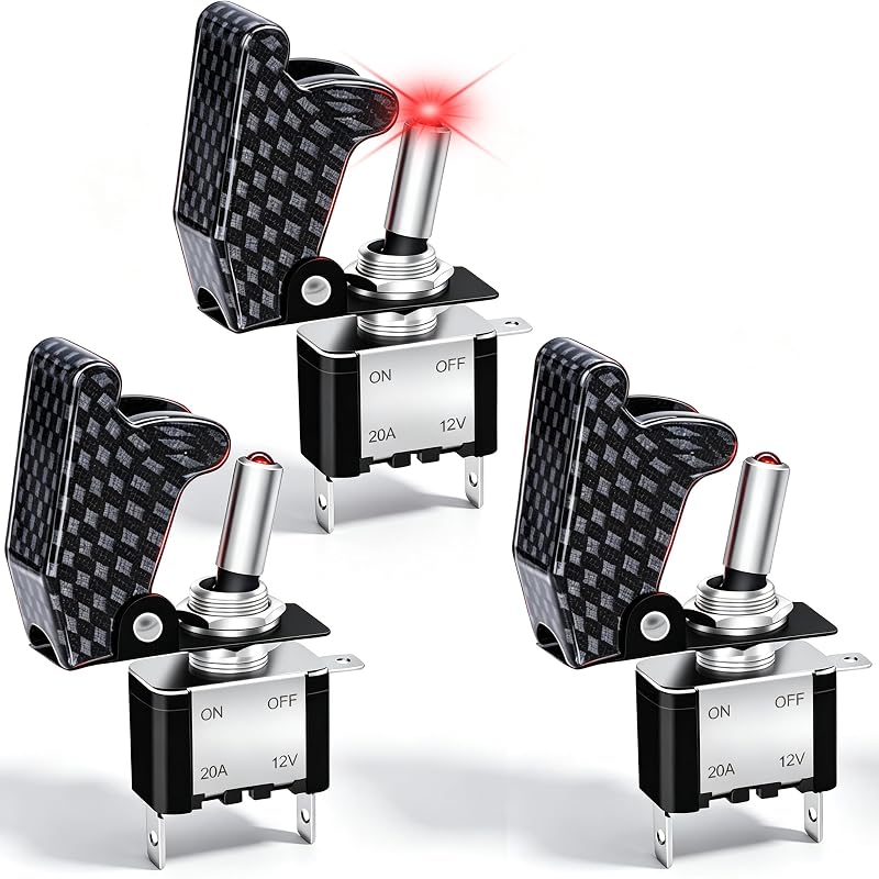 Chave tipo alavanca basculante Twidec 12 V 20 A com LED vermelho, 3 pinos e capa de segurança – Kit com 3 unidades