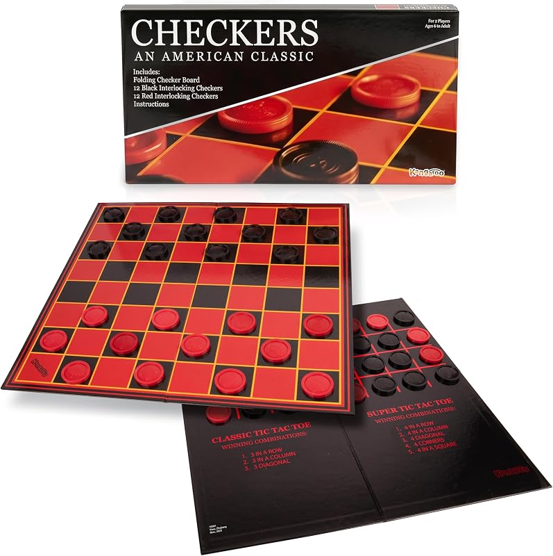 Kangaroo - Multiplayers Strategy Checker Board Game for Kids & Adults - Portable Educational Travel Cardboard Checkers - Includes Large Board w/ 24 Checkers (12 Red and 12- Black) 15x15 Inches | Multiplayers Strategy Portable Educational Travel Cardboard Checkers Board Game & Tic Tac Toe