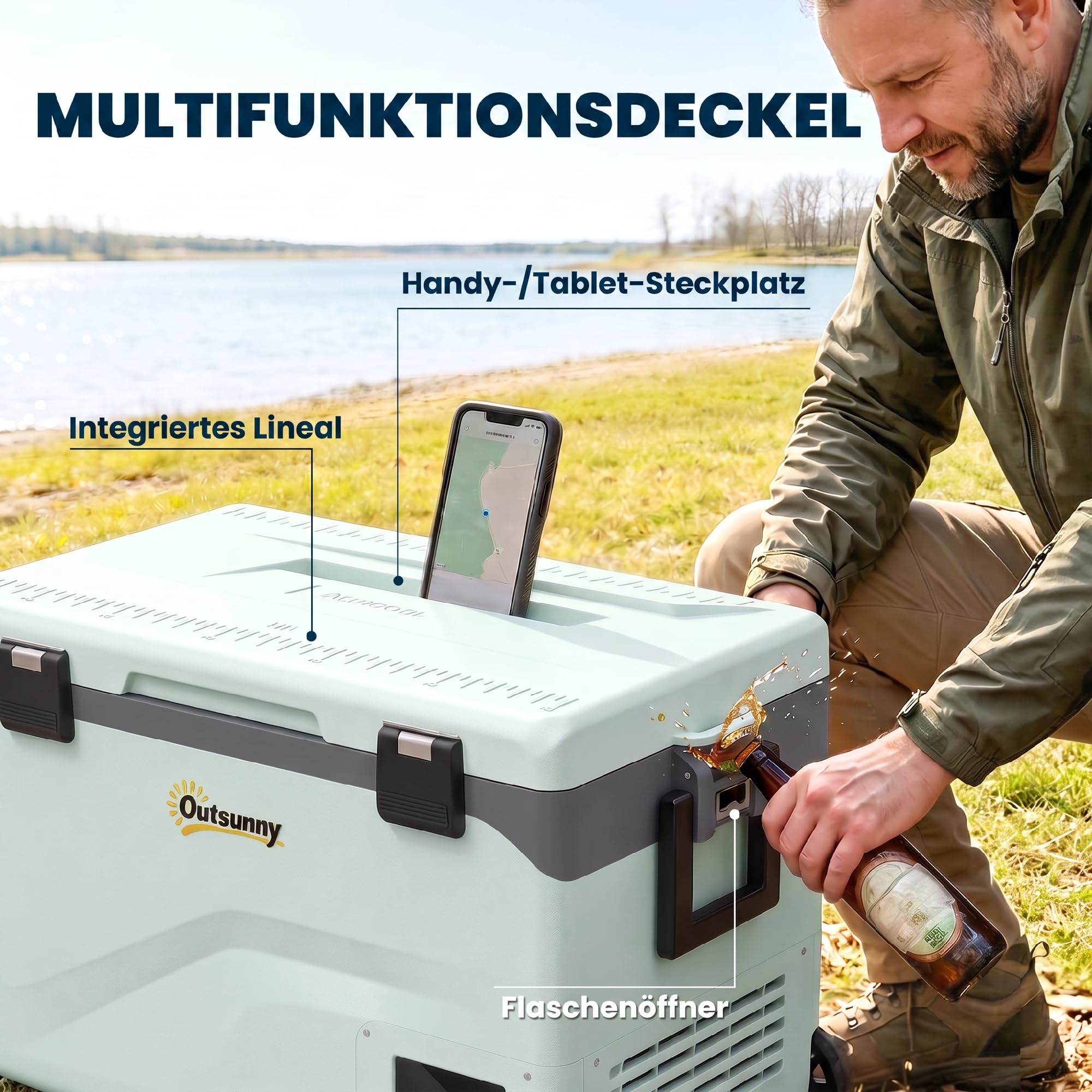 Outsunny 42,5L kompresor chłodziarka cicha do -20℃ BT LED rolka Zielony | Mini lodówka elektr., funkcja chłodzenia, uchwyt na tel., antywstrząsowy, zamrażarka, 12/230V, auto, ciężarówka, podróż