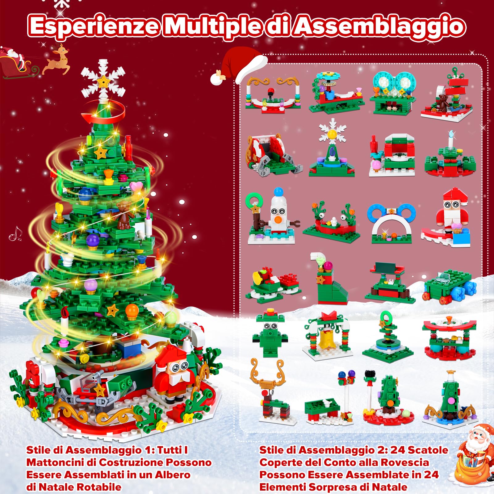 YOOHBERRYS Calendario Avvento 2025 Bambini, 24 in 1 Calendario dell'Avvento Rotante, 701 Pezzi Albero di Natale Mattoncini da Costruzione Giocattolo con Luce LED, Regalo di Natale per Bambini e Adulti