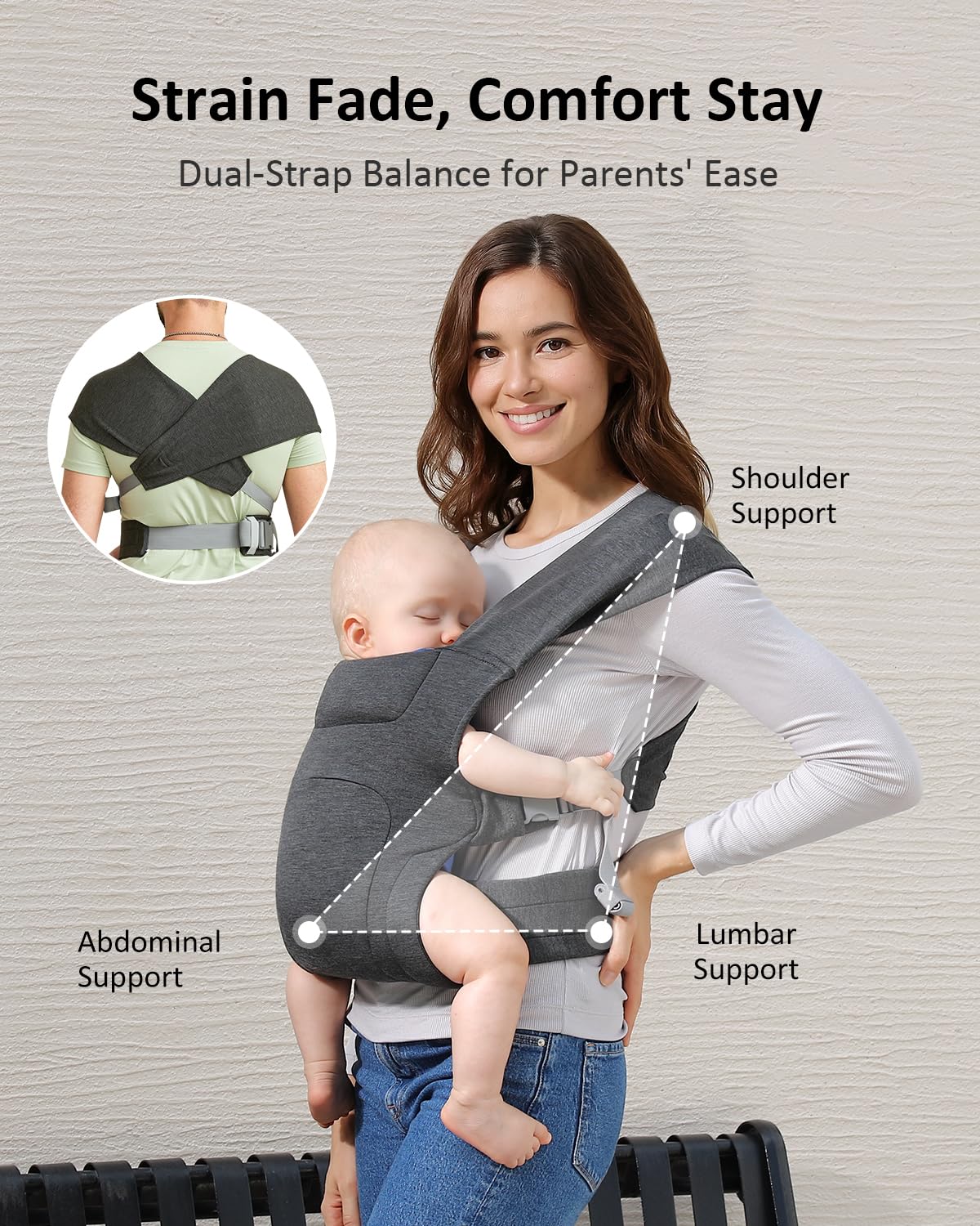 HEYVALUE Baby Carrier Newborn to Toddler(7-35lbs), Ergonomic Cross-Back Wraps with Adjustable Straps, Newborn Carrier with Effortless Put-On, Head Support for Hands-Free Comfort, Deep Gray - Image 5