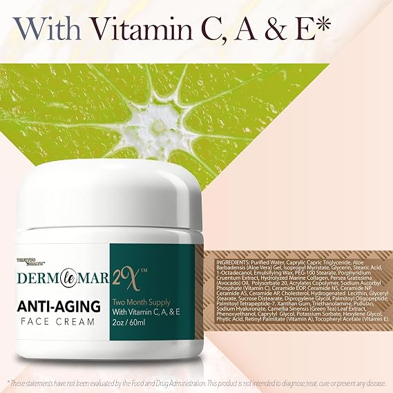 Derm Le Mar 2x Anti-Aging Face Cream - 2 Month Supply - Improved Formula w/Vitamin C, A & E - Aid Healthy Collagen Levels - Help Protect Skin Stem Cells, Reduce Wrinkles Appearance, Fade Age Spots