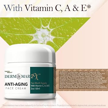 Derm Le Mar 2x Anti-Aging Face Cream - 2 Month Supply - Improved Formula w/Vitamin C, A & E - Aid Healthy Collagen Levels - Help Protect Skin Stem Cells, Reduce Wrinkles Appearance, Fade Age Spots