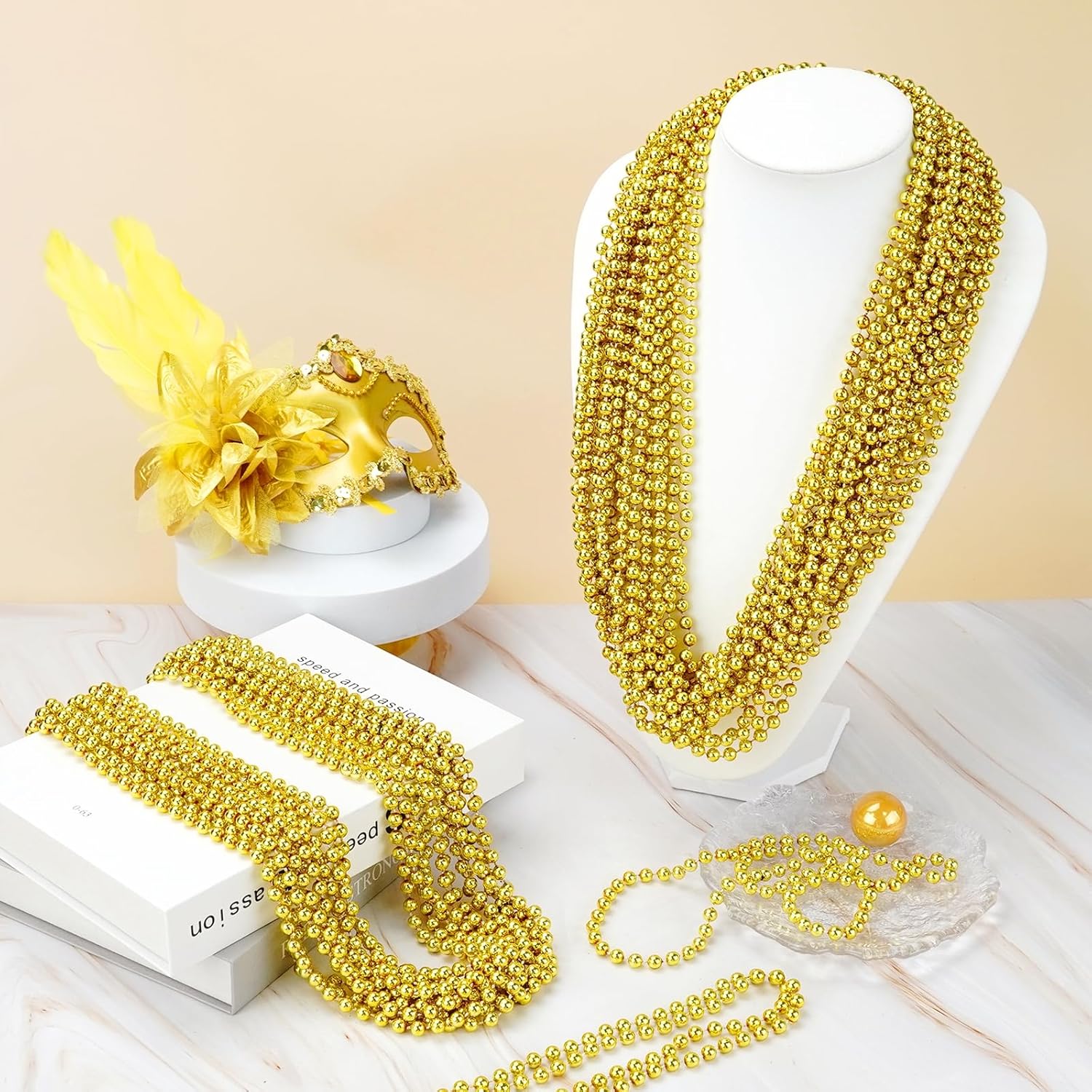 YAXINRUI 144 PCS Gold Mardi Gras Beads, Gold Bead Necklaces, Christmas Bead Necklaces, 33 Inch Round Beaded Necklace for Mardi Gras Party Christmas New Year Eve Festive Events, Party Favors - Image 3