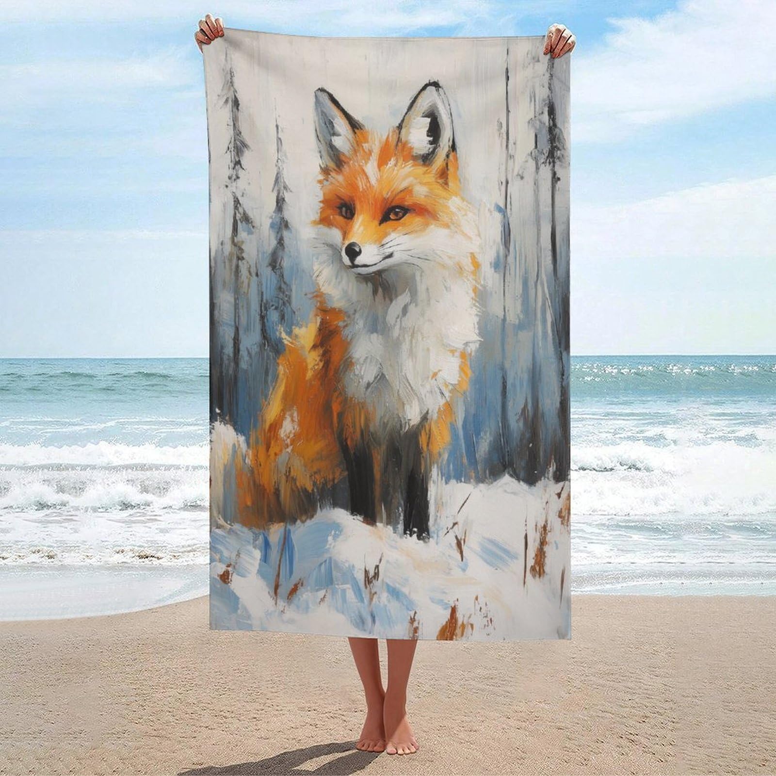 LSRCPD Fox on Snowy Mountain Beach Towel Sand Free Microfiber Large Shower Towels Multipurpose Absorbent for Bathroom Pool 130x80 CM