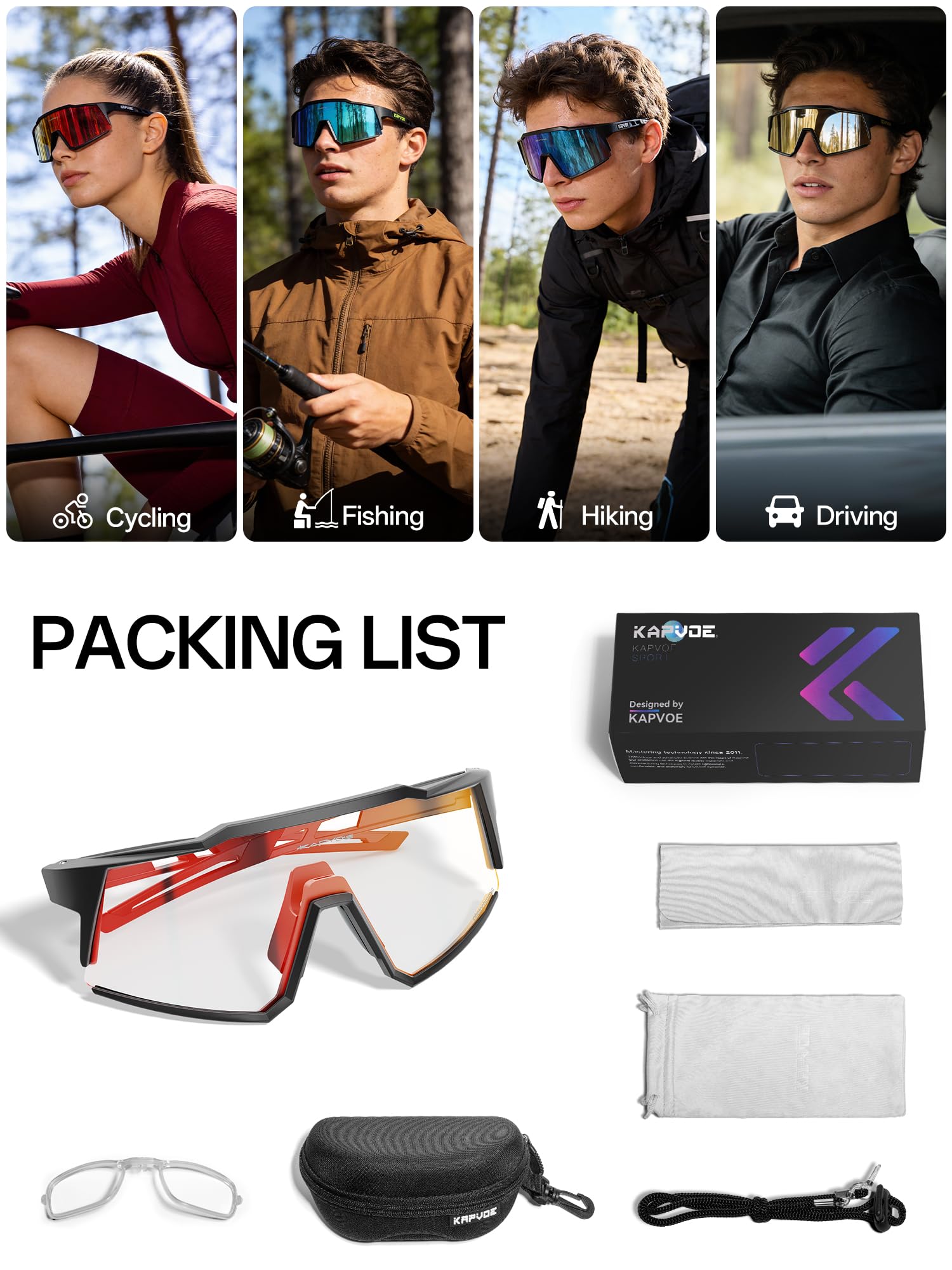 KAPVOE Photochromatische Selbsttönend Fahrradbrille TR90 Rahmen für Herren Damen Klar Sportsonnenbrille Sport Radfahren MTB Radbrille Sportbrille Fahren Baseball Laufen K9022