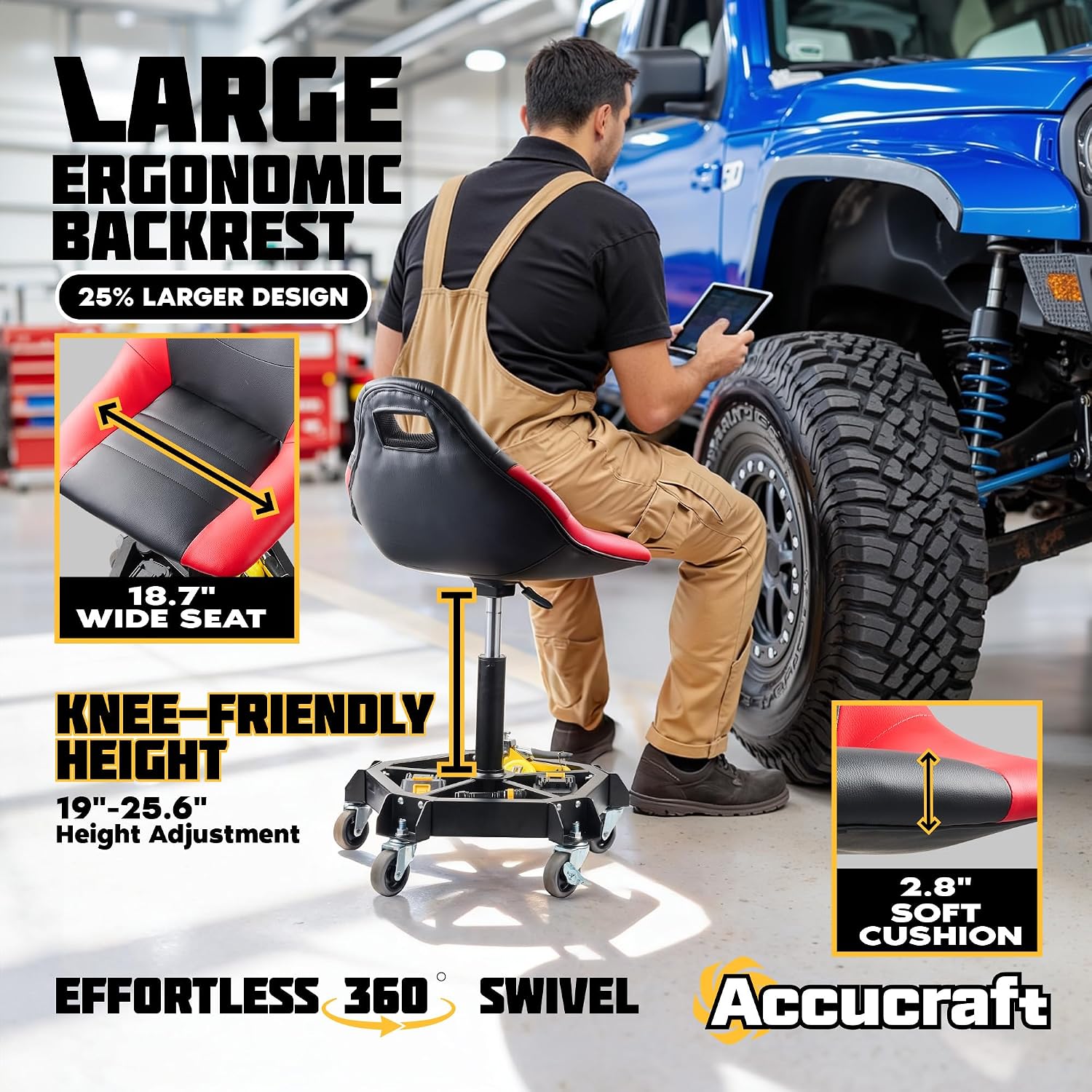 Rolling Stool with Wheels, Shop Stool with Backrest for Garage, Height Adjustable Mechanic Stool, Extra Wide Seat, Class 4 Gas Lift, 330 LB Heavy Duty Rolling Shop Stool with Locking Casters&Tool Tray