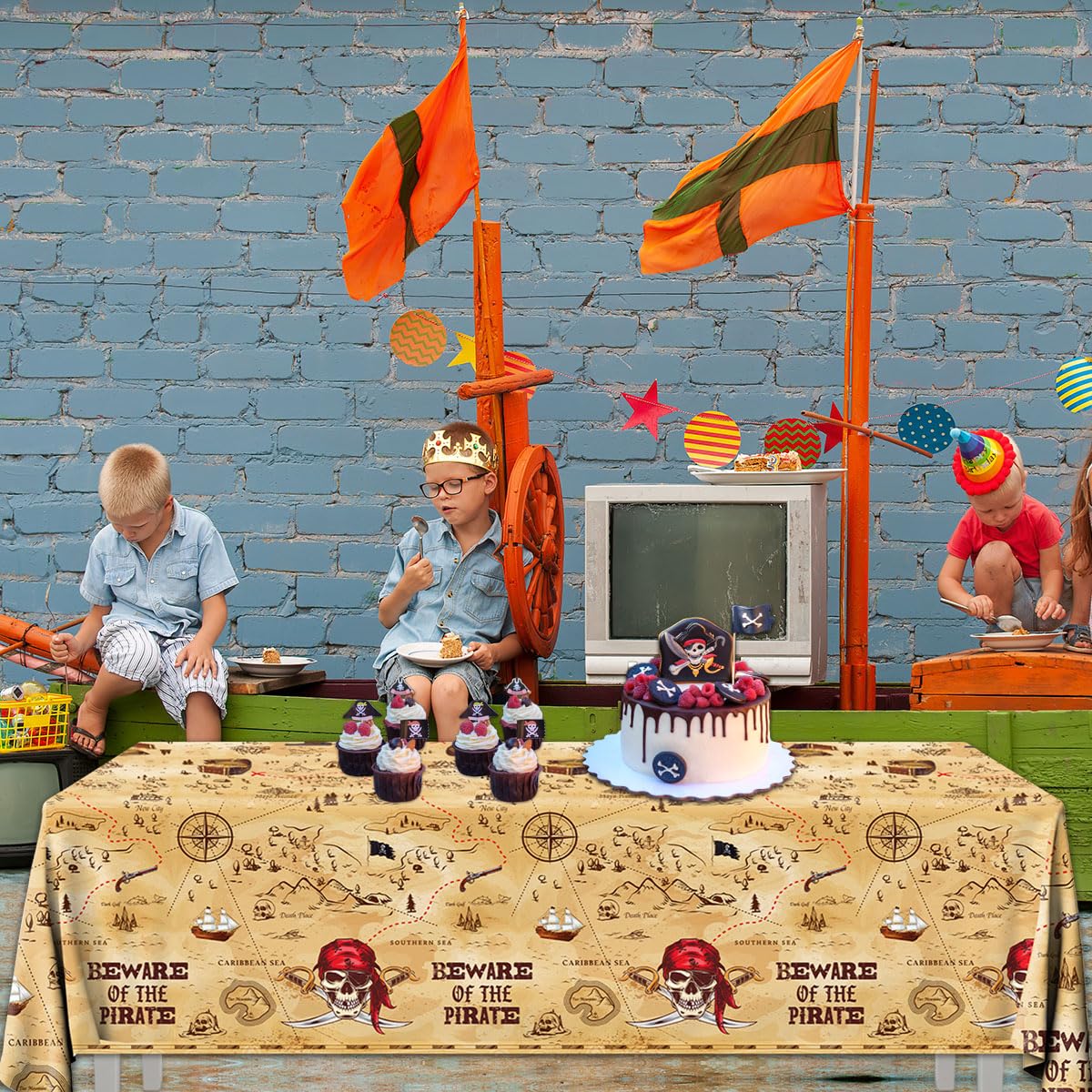 3 manteles de fiesta pirata, mapa del tesoro, decoración de fiesta de cumpleaños pirata, desechable, cuidado con el pirata, cubierta de mesa temática para fiestas de navegación pirata