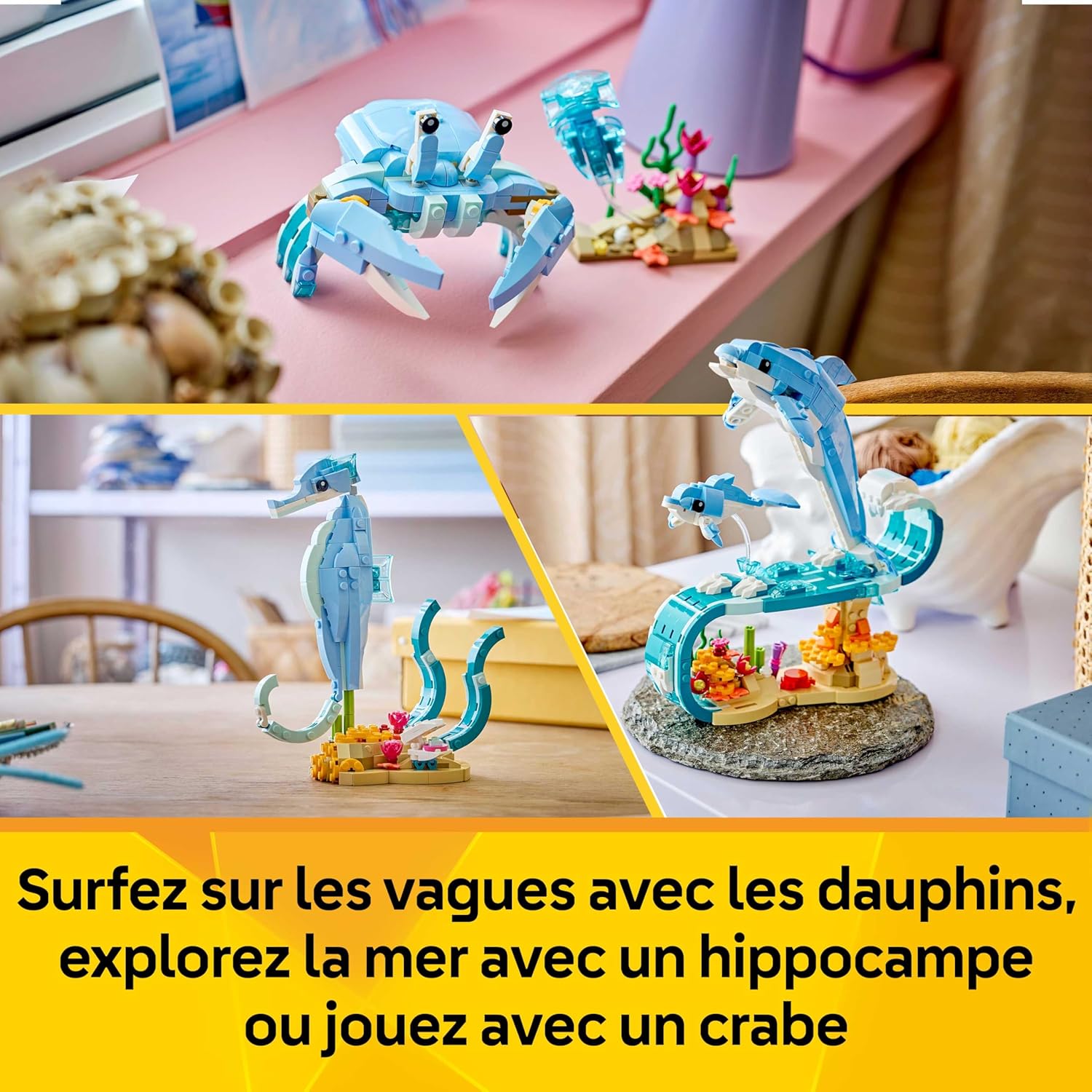 LEGO Creator 3-en-1 Animaux Marins : Les Beaux Dauphins - Jouet avec Figurine d'animal Marin se Transformant en Hippocampe ou Crabe - Décoration DIY - Cadeau Original pour Fille ou Garçon 9 Ans 31385 — image 3