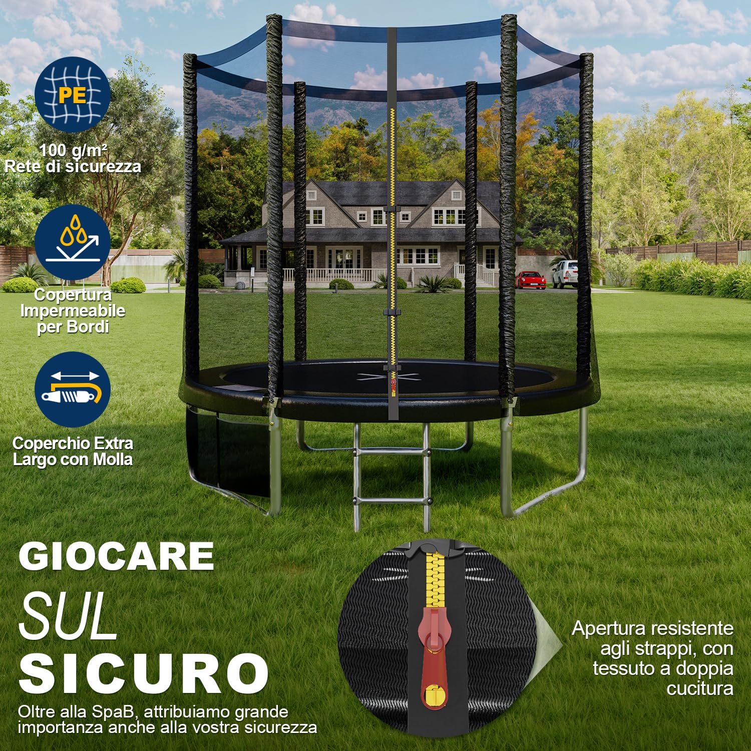 Trampolino Rotondo da Giardino 183/244/305/366/427 cm Trampolino Elastico per Adulti e Bambini Tappeto Elastico da Giardino di Diametro con Rete di Sicurezza, Scala e Barre Imbottite, Esterno