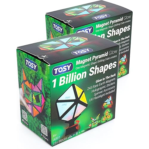 TOSY Magnet Pyramid Glow - 1 Cube Transforms into 1 Billion Shapes, 12 Pieces, 243 Rare Earth Magnets, Glowing, Christmas Stocking Stuffers Gift for Kids, Creative Puzzle STEM/STEAM Toy, 2-Pack