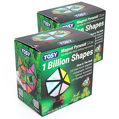 TOSY Magnet Pyramid Glow - 1 Cube Transforms into 1 Billion Shapes, 12 Pieces, 243 Rare Earth Magnets, Glowing, Holographic Design Magnet Tiles Creative Puzzle STEM/STEAM Toy, 2-Pack