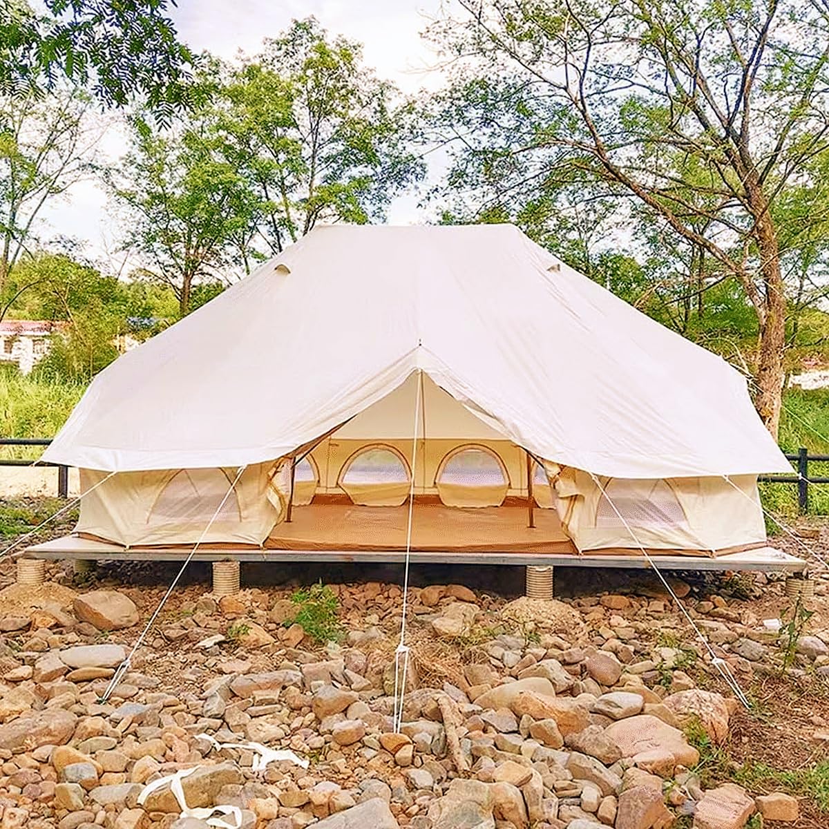 UNISTRENGH Luxury Cotton Canvas 6x4m Emperor Tent Waterproof Twin Poles Bell Tent with Stove Jack Hole for 8-12 People Family Camping Hiking Party (Classic)