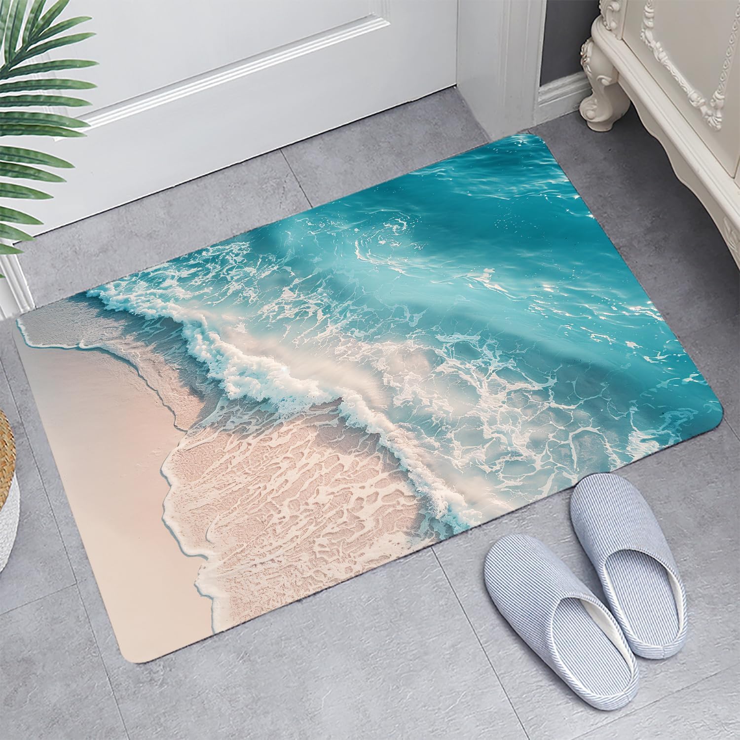 LYFANS Memory Foam Bath Mat, Non Slip Absorbent Flannel Bathroom Rug, 18" x 30" Soft Washable Shower Mat with Ocean Wave Print for Bathroom, Kitchen, Entryway