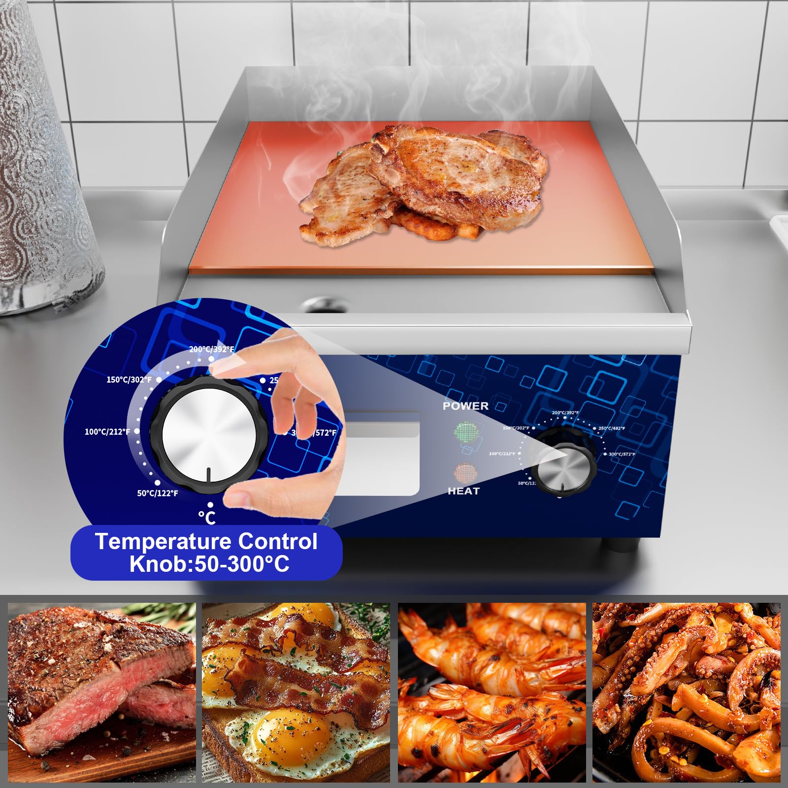 TAIMIKO Griglia elettrica liscia 1700 W Griglia elettrica in acciaio inox in ghisa Gastro Griddle Controllo preciso della temperatura