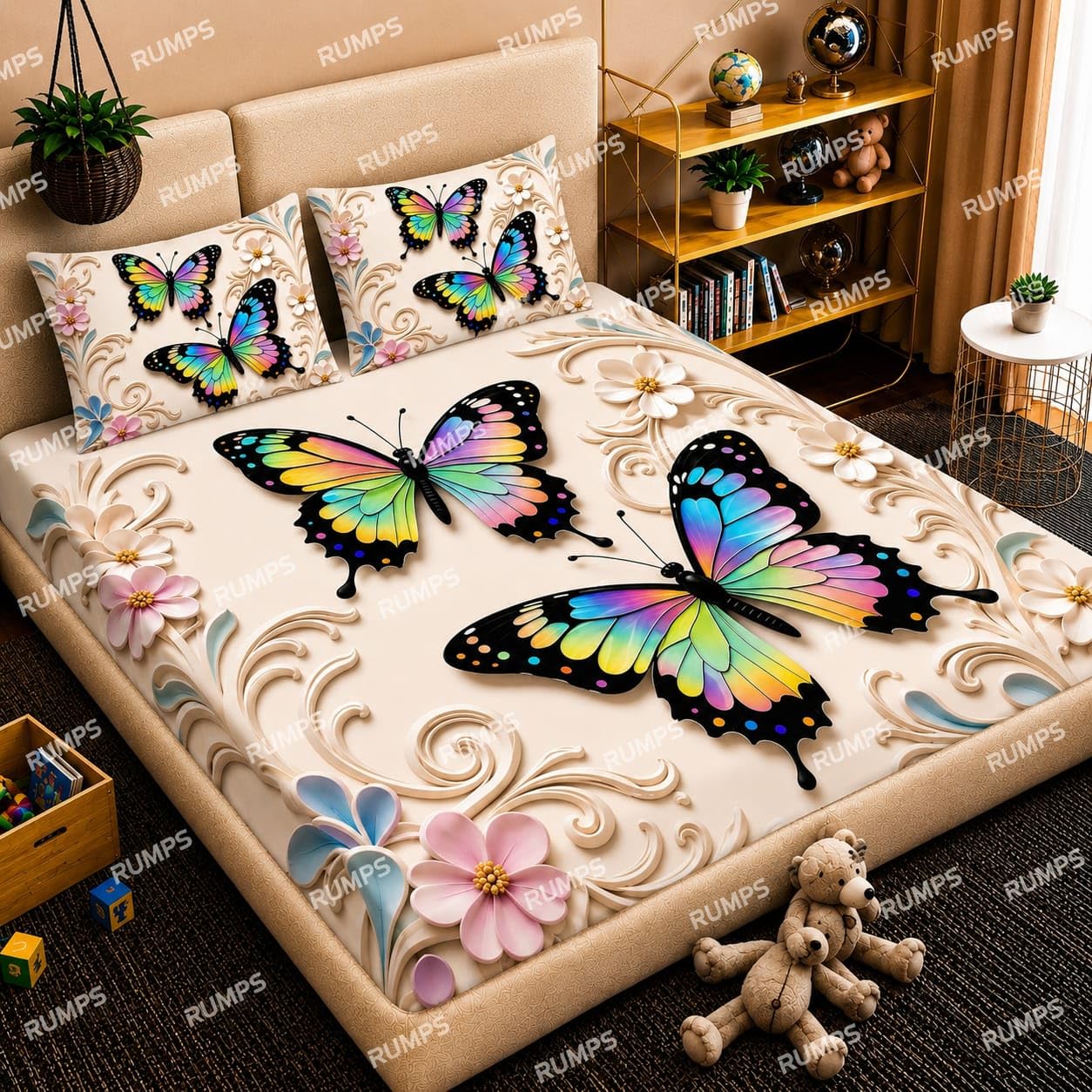 RUMPS 7D Colorful Butterfly Printed Flat Bedsheet King Size 90x100 Inch with 2 Pillow Covers 16x26 Inch | Floral Microfiber Double Bedsheet | Luxury Designer Bedsheet