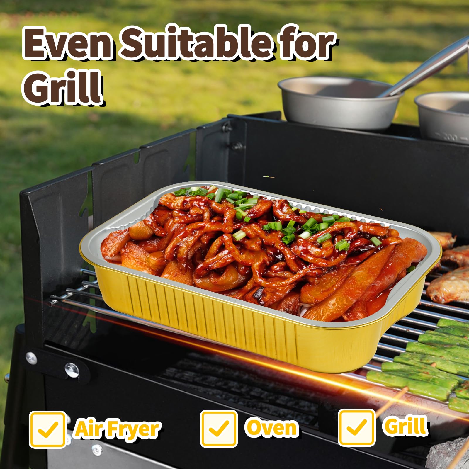 Paquete de 30 sartenes de aluminio de 9 x 13 pulgadas con tapas, tamaño medio, extra resistentes, de papel de aluminio dorado, contenedor de alimentos de doble grosor con tapas para hornear, asar,