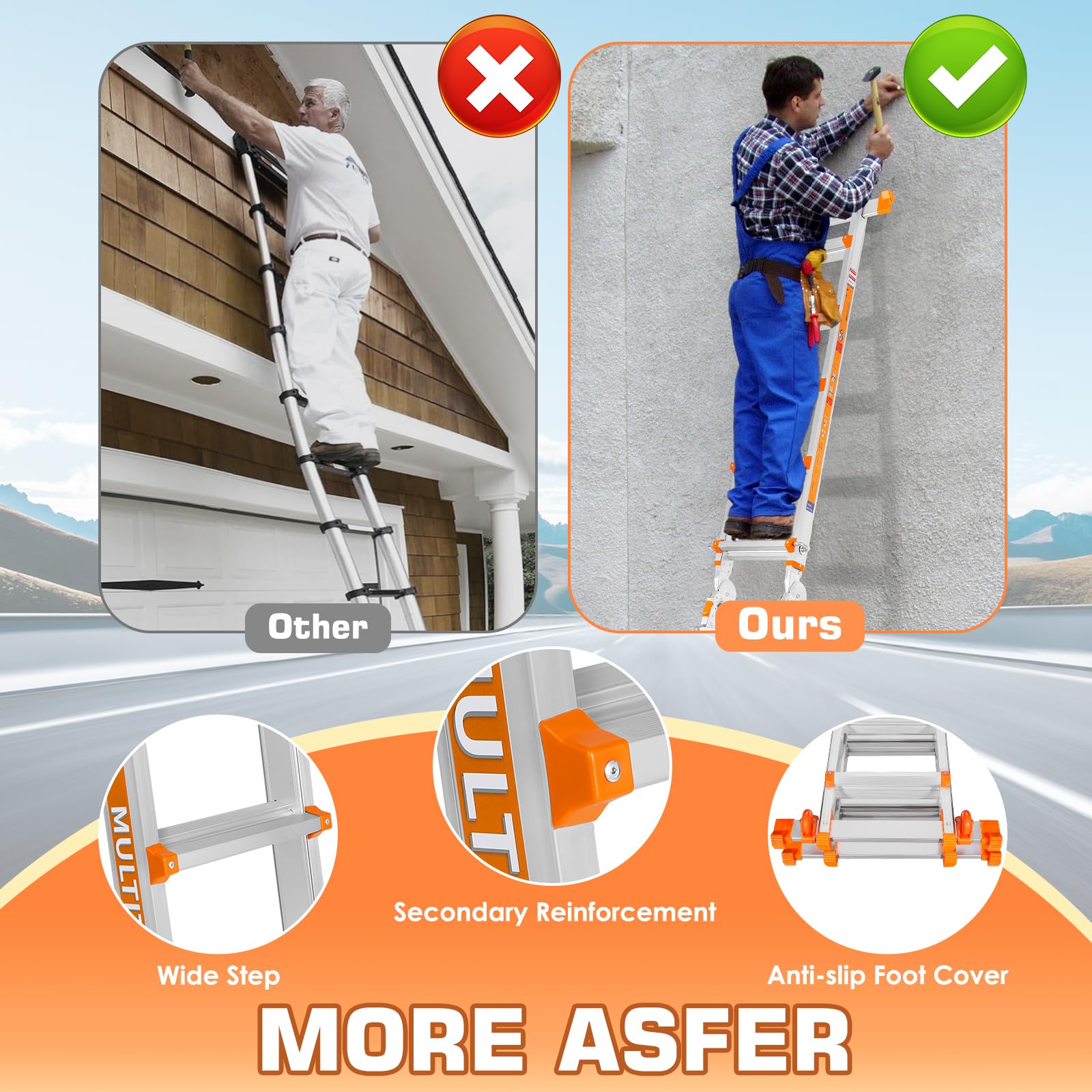 Escalera de 4 peldaños con múltiples Posiciones, Escalera Deslizante de 4,2 m con estabilizador y Ruedas, Carga de Seguridad de 150 kg, una Escalera de Marco para escaleras, hogar, Interior, Exterior