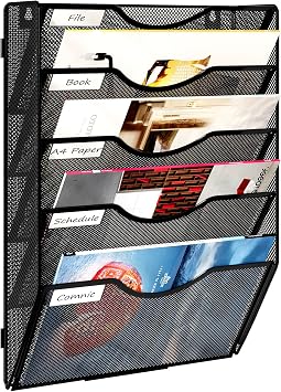 Wall Hanging File Holder 5 Pocket Wall Mounted Paper Organizer Magazine File Holder Storage Rack,Black