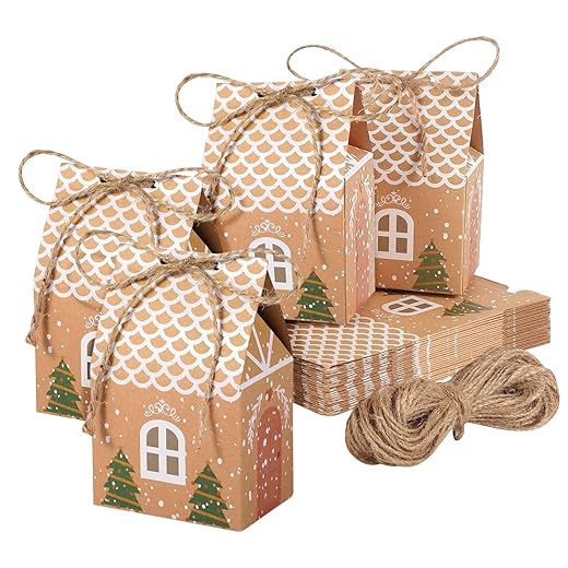 20 Pcs Small Christmas Gingerbread Treat Boxes,Mini Gift Bags,Xmas Kraft Paper Candyboxes With Hemp Ropes,Christmas Boxes For Gifts,For Christmasparty Advent Calendar Diy(Folded:2.75x1.96x4.13 Inches)
