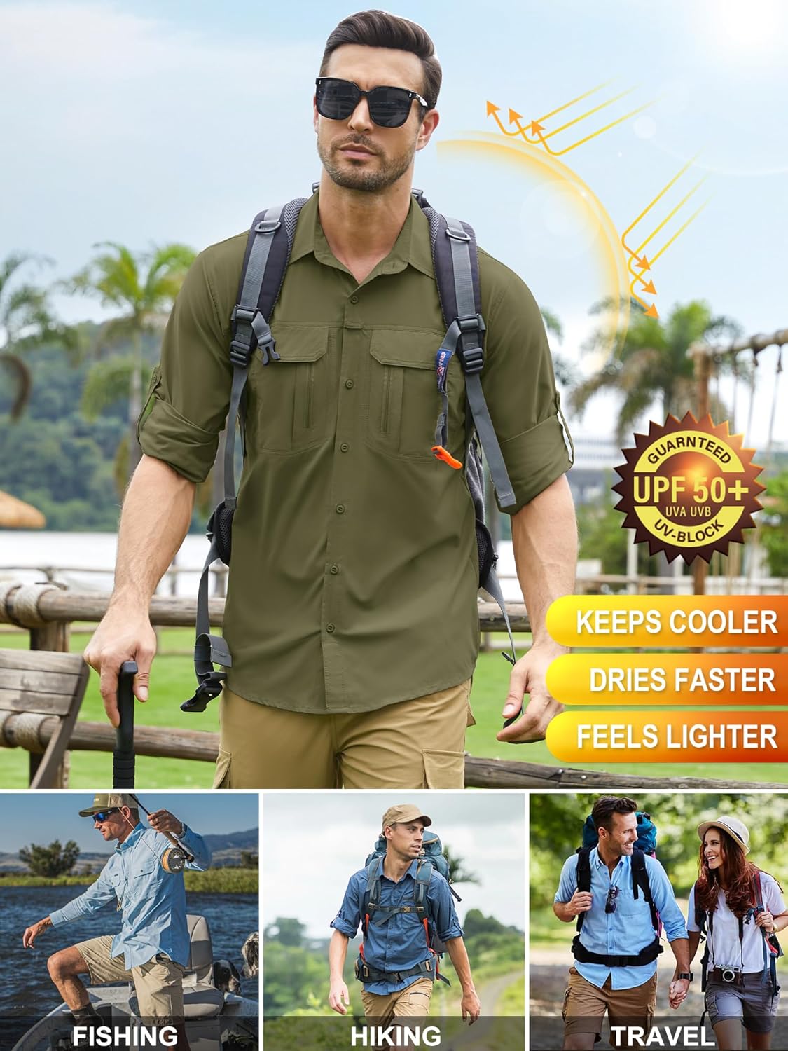 Men's Safari Shirt Long Sleeve UPF 50 Sun Protection Quick Dry Breathable Fishing Hiking Travel Shirt - Image 5