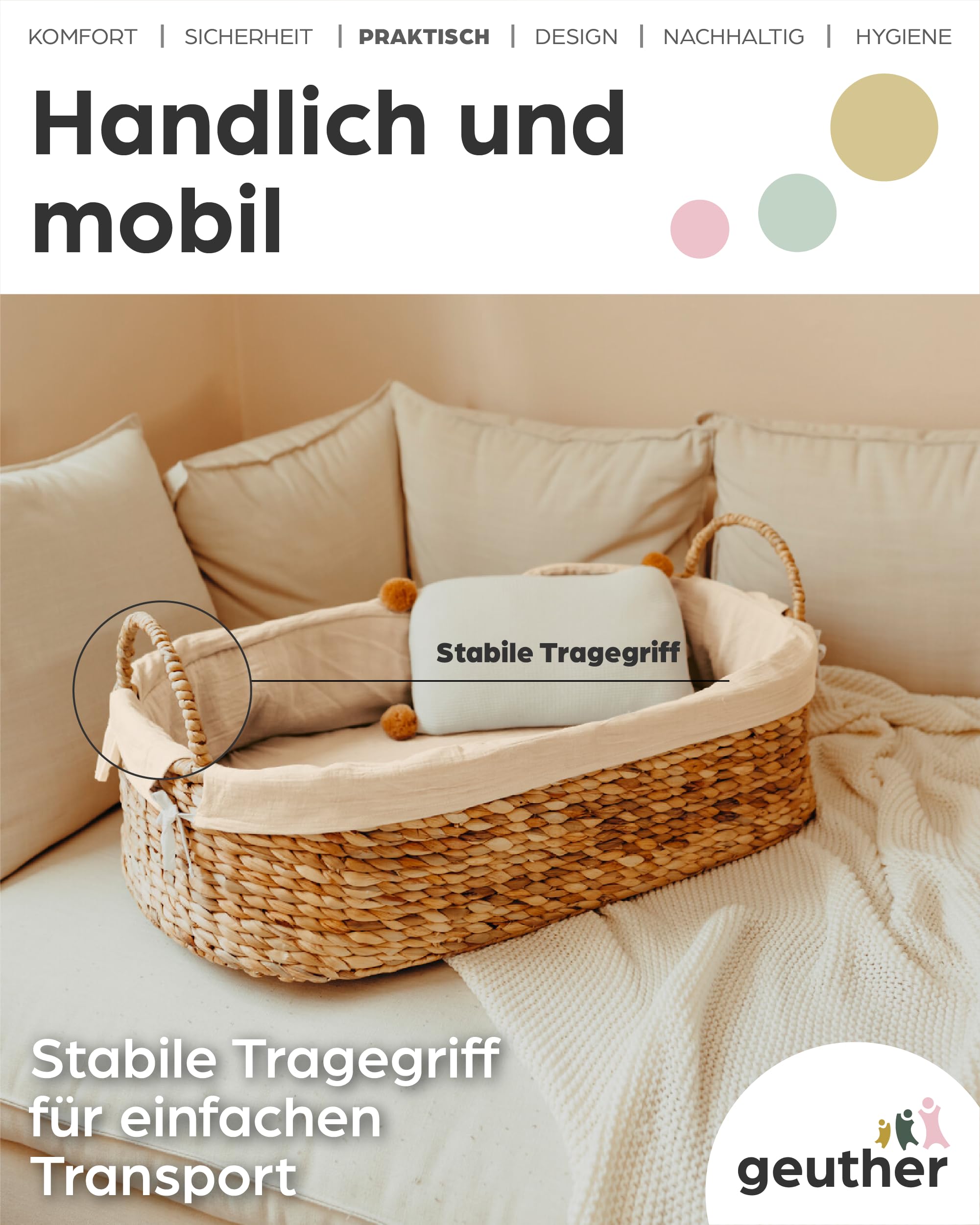 Geuther Moses Korb klein | Babynest mit Tragegriff | Babynestchen Neugeborene mit Matratze & Baumwollbezug | Mobiles Babybett | Nachhaltig & langlebig | Nestchen Baby | Moseskorb Baby in Beige