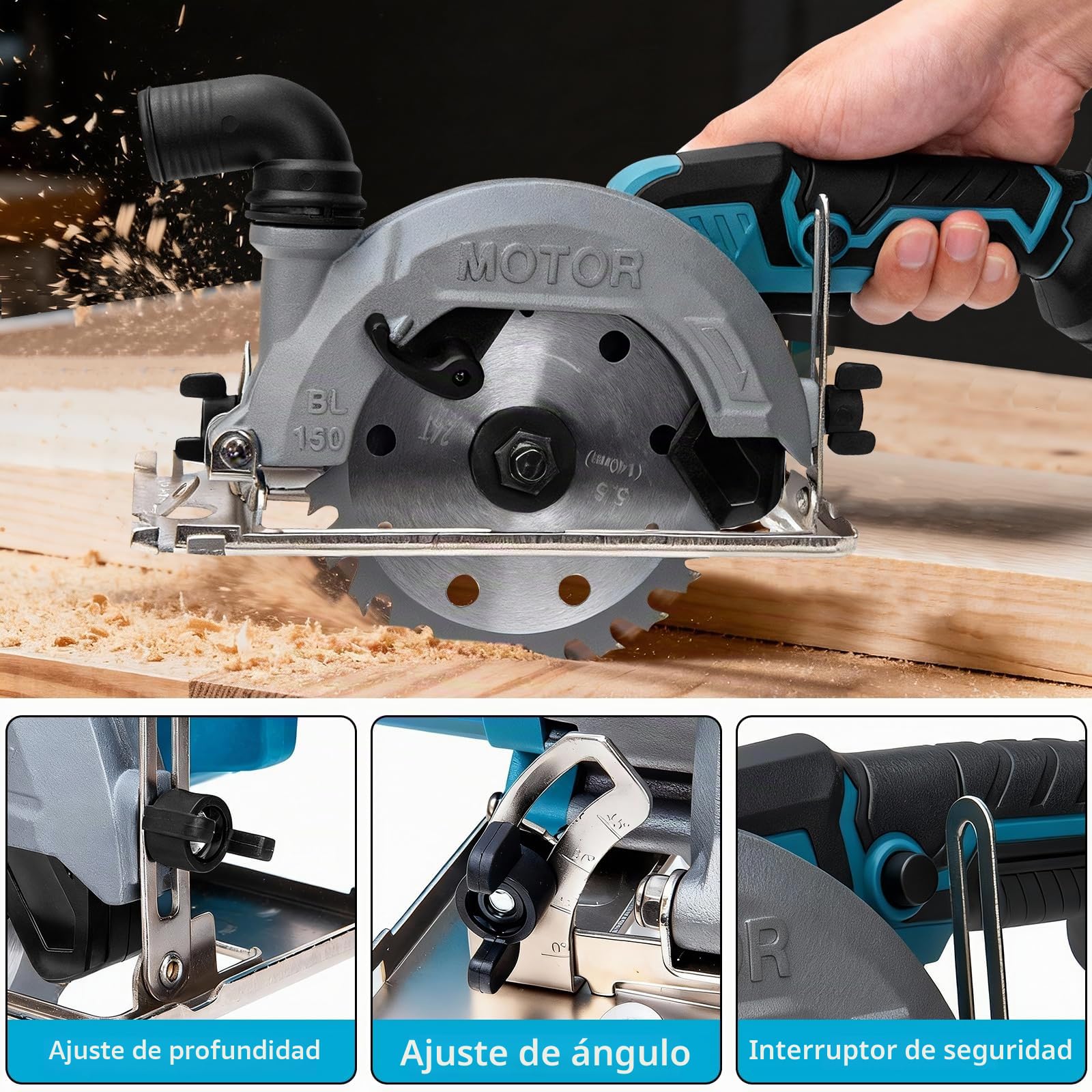 Mini Sierra Circular Inalámbrica sin Escobillas 18V, 7000 RPM Sierra de Mano Compatible con Batería Makita, Corte Biselado 0-45°, Profundidad Ajustable para Madera y Plástico (Sin Batería)