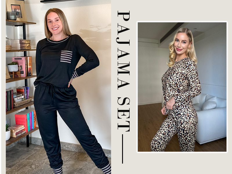 Ekouaer Pyjama Femme Long 2 Pièces - Ensemble Col Rond Manches Longues Tissu Doux Respirant Avec Poches - Vêtements De Nuit Confortables