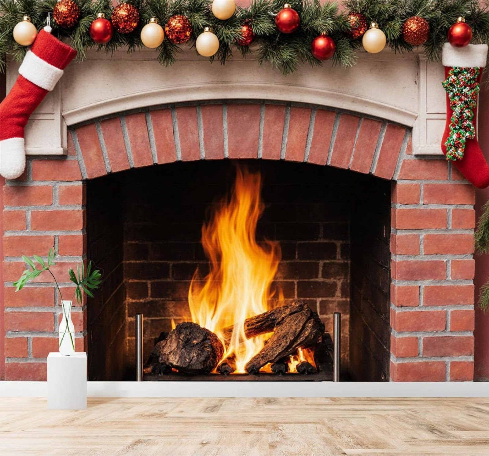 Xlming 150Cm×105Cm(B×H) Wood Burning Fireplace Red Brick Wall Red Stockings Baubles Pine Branches 3D Wallpaper Silky Texture Home Study Office Grey Dining Room Sofa Bedroom Living Room Tv Backdrop-150Cm×105Cm