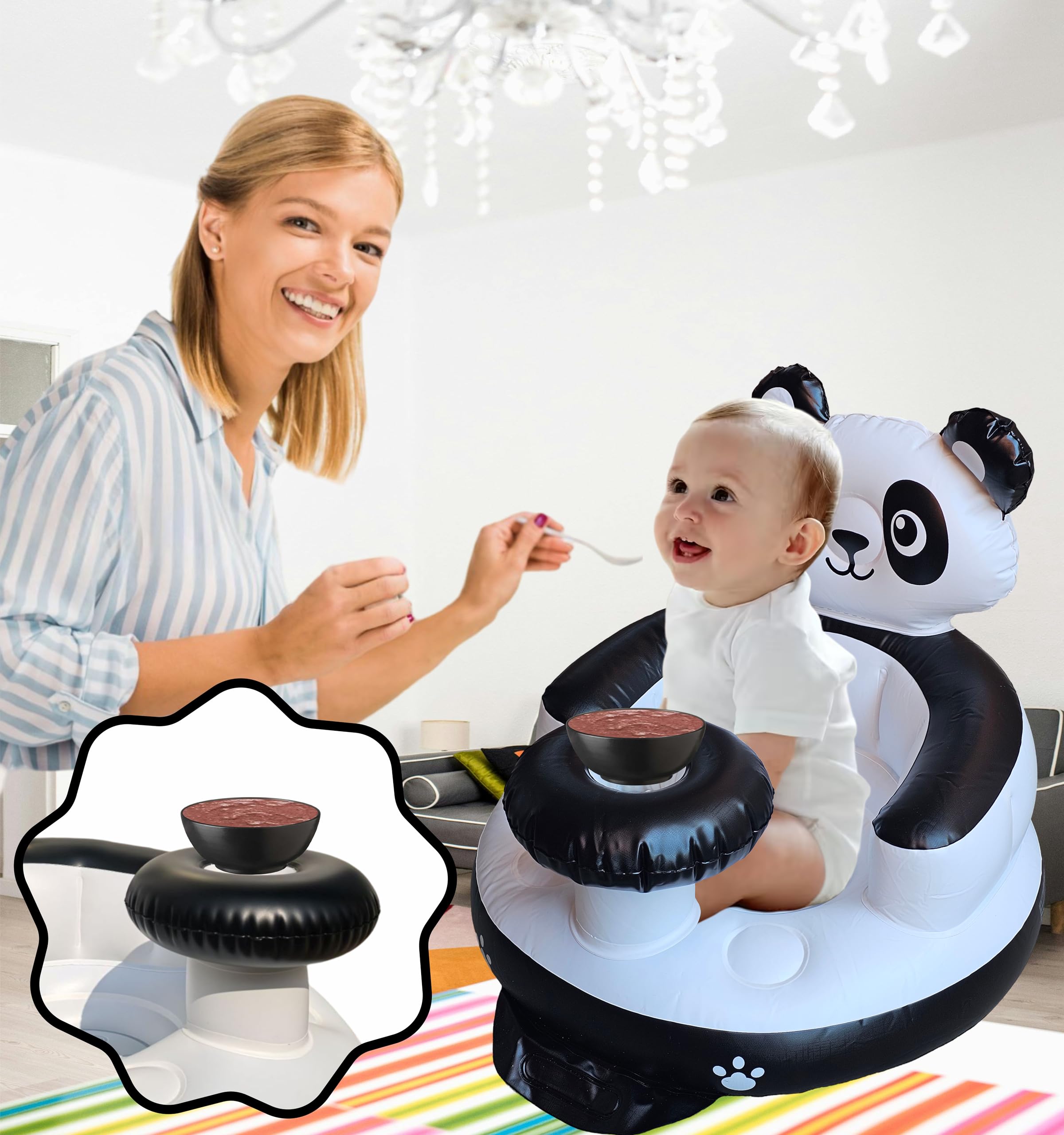 Marwan Sports Inflatable Baby Seat with Tray – Comfortable Sit-Me-Up Chair, Built-in Air Pump, Soft Blow-Up Floor Seat with Back Support for Infants Learning to Sit 3 Months & Up (Panda)