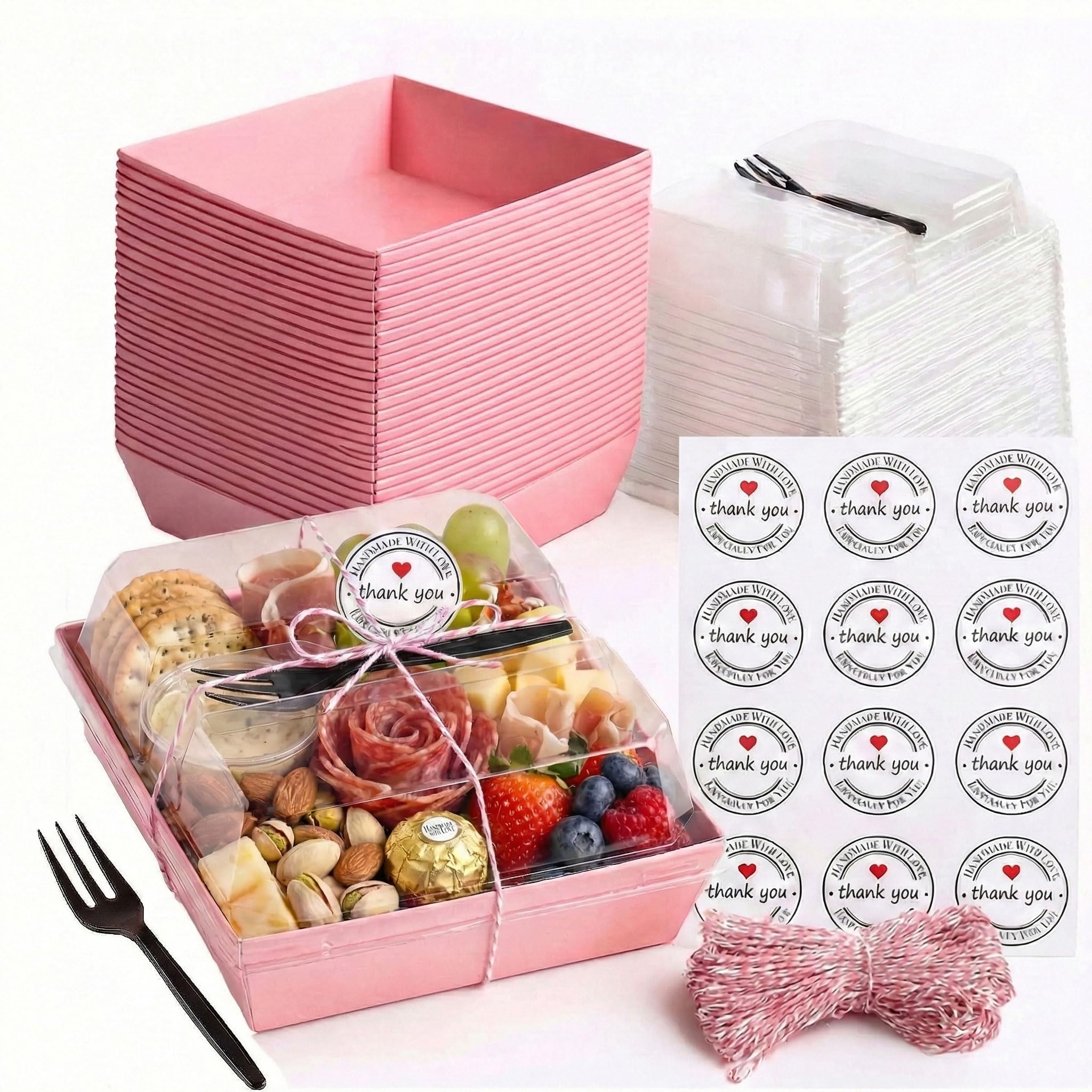 50 Pack Clear Treat Boxes with Forks - Small Dessert Boxes To Go - 5 Inch Disposable Paper Mini Containers for Cookie, Cake Slice, Charcuterie, Bakery, Strawberry, Baked Goods Packaging (Pink)