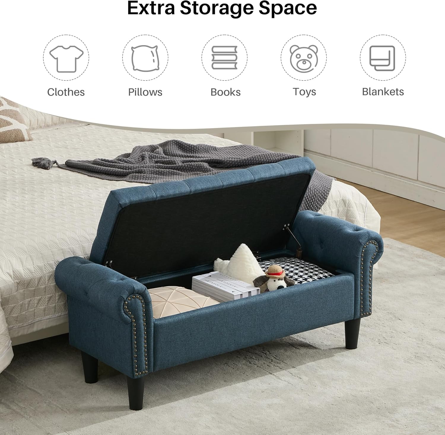 SOFTHION Storage Bench, 50" Queen End of Bed Bench, Linen Tufted Button Upholstered Bedroom Bench, Storage Ottoman with Rolled Arms, Window Bench with Storage, for Living Room, Entryway Dark Blue