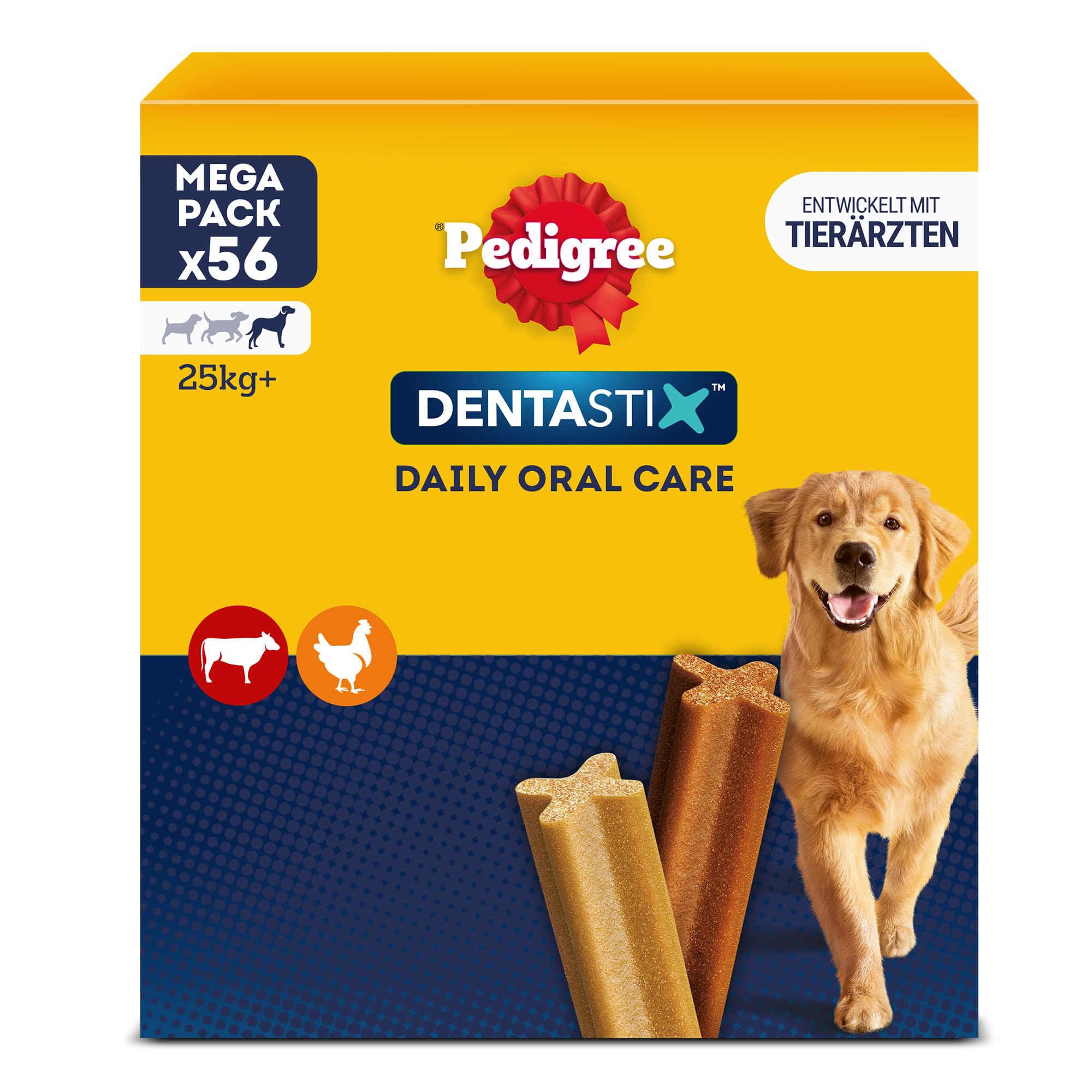 Pedigree DentaStix Hundesnack für große Hunde (25kg+), Zahnpflege-Snack mit Huhn und Rind, 1 Packung je 56 Stück (1 x 2.16 kg)