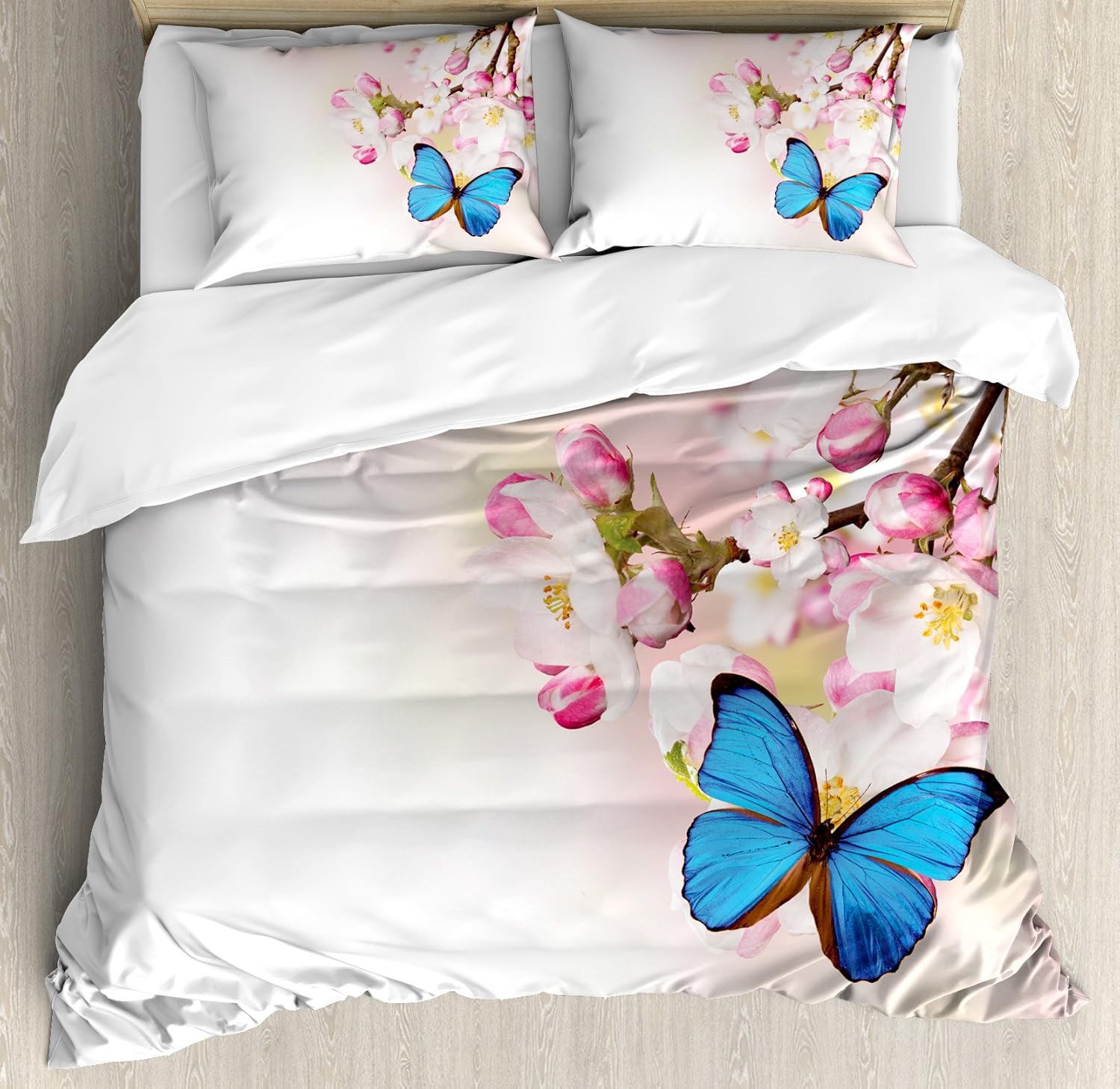 Ambesonne Butterfly Duvet Cover Set, Blue Butterfly on Spring Cherry Japanese Flowers White Orchard Nature Theme, Decorative 3 Piece Bedding Set with 2 Pillow Shams, King Size, Pink Blue