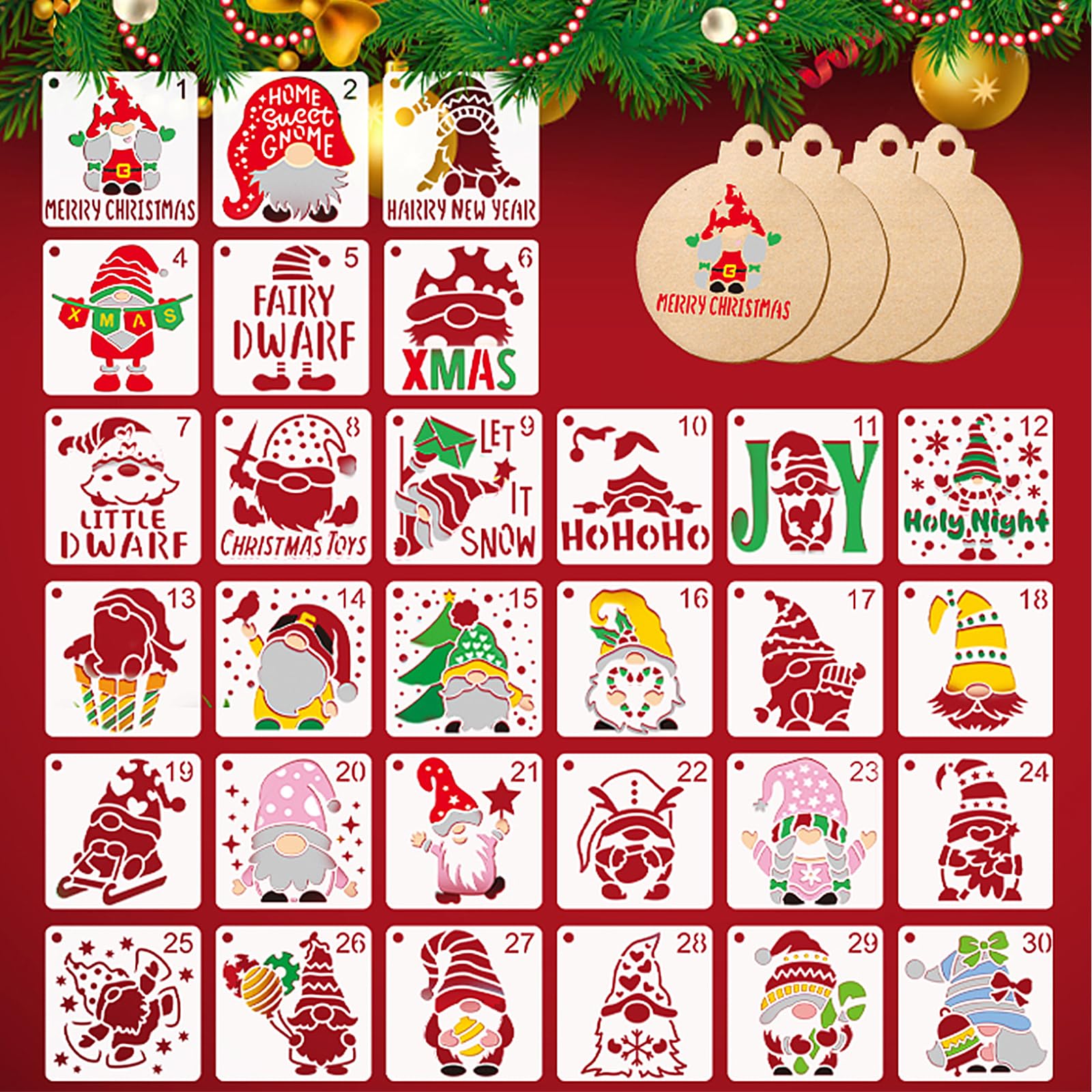 30 Stück Weihnachts Schablonen Set mit Gnom Motiven Wiederverwendbare Malschablonen in Farbe für DIY Basteln Karten Fenster Holz Stoff und Weihnachtsdekoration