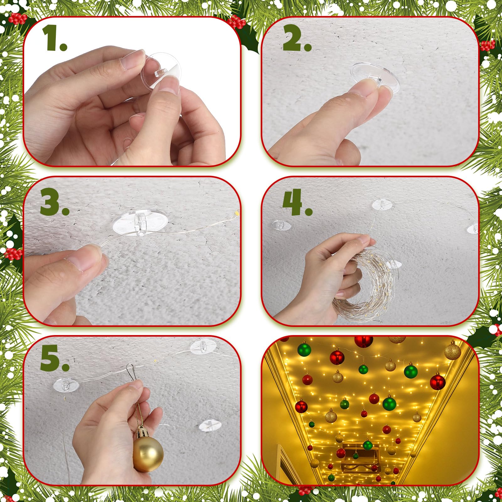 Soulchen Set di decorazioni natalizie per corridoio e soffitto, con 82 ornamenti a sfera di Natale, 100 ganci adesivi da soffitto da 19,8 m, luci a LED, decorazione natalizia per corridoi, per interni