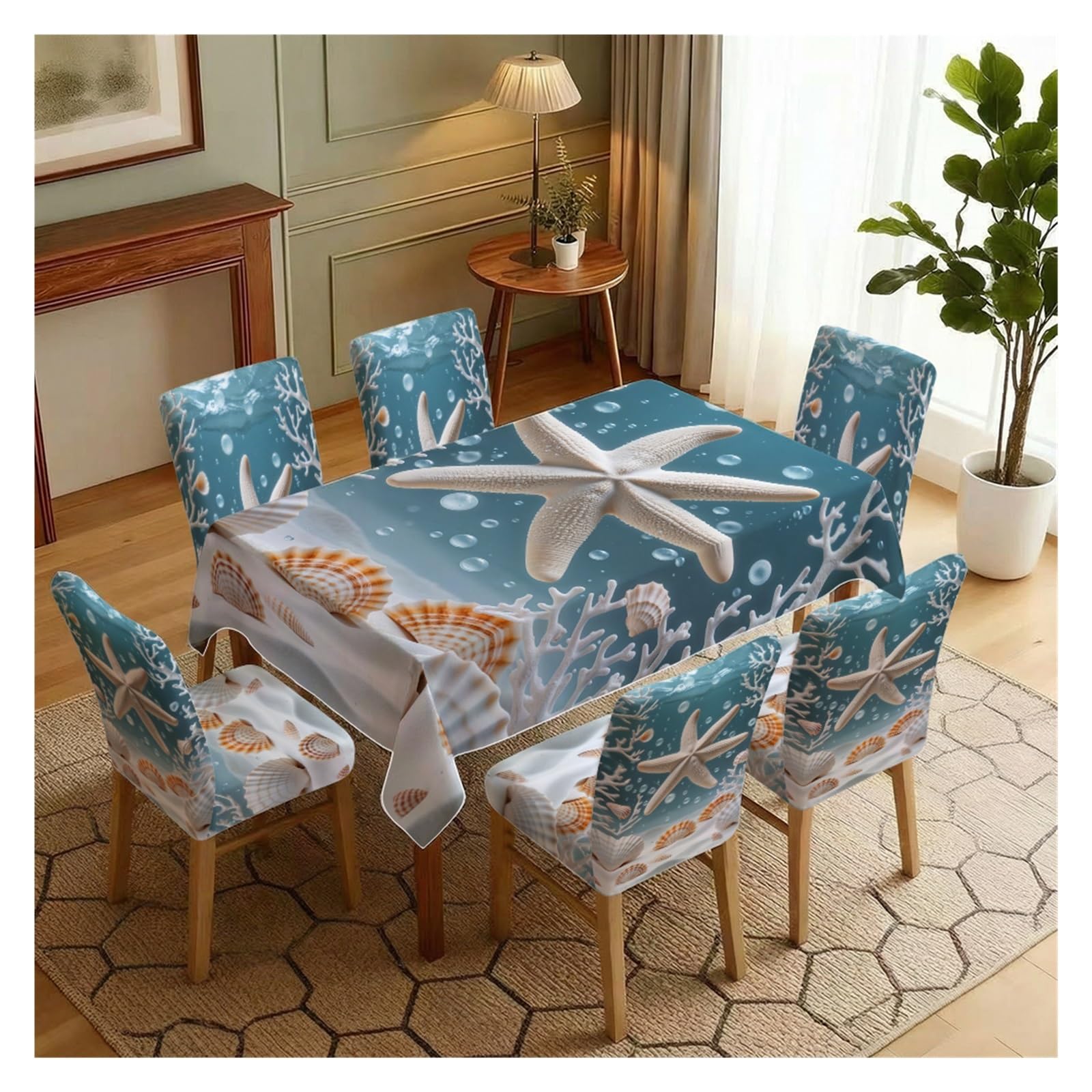 KXUAUV Ocean Starfish Seashell Dining Tablecloth & Chair Covers Set, 5/7 Piece Coastal Beach Nautical Home Decor Party Decor(7pcs Set: Tablecloth+Chair Covers)