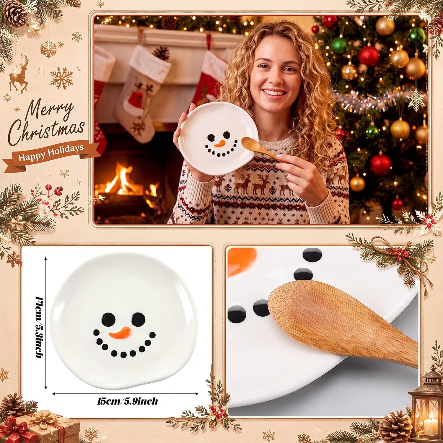 Rtteri Ceramic Snowman Spoon Rest Christmas Coffee Spoon Holder 5.9 Inch