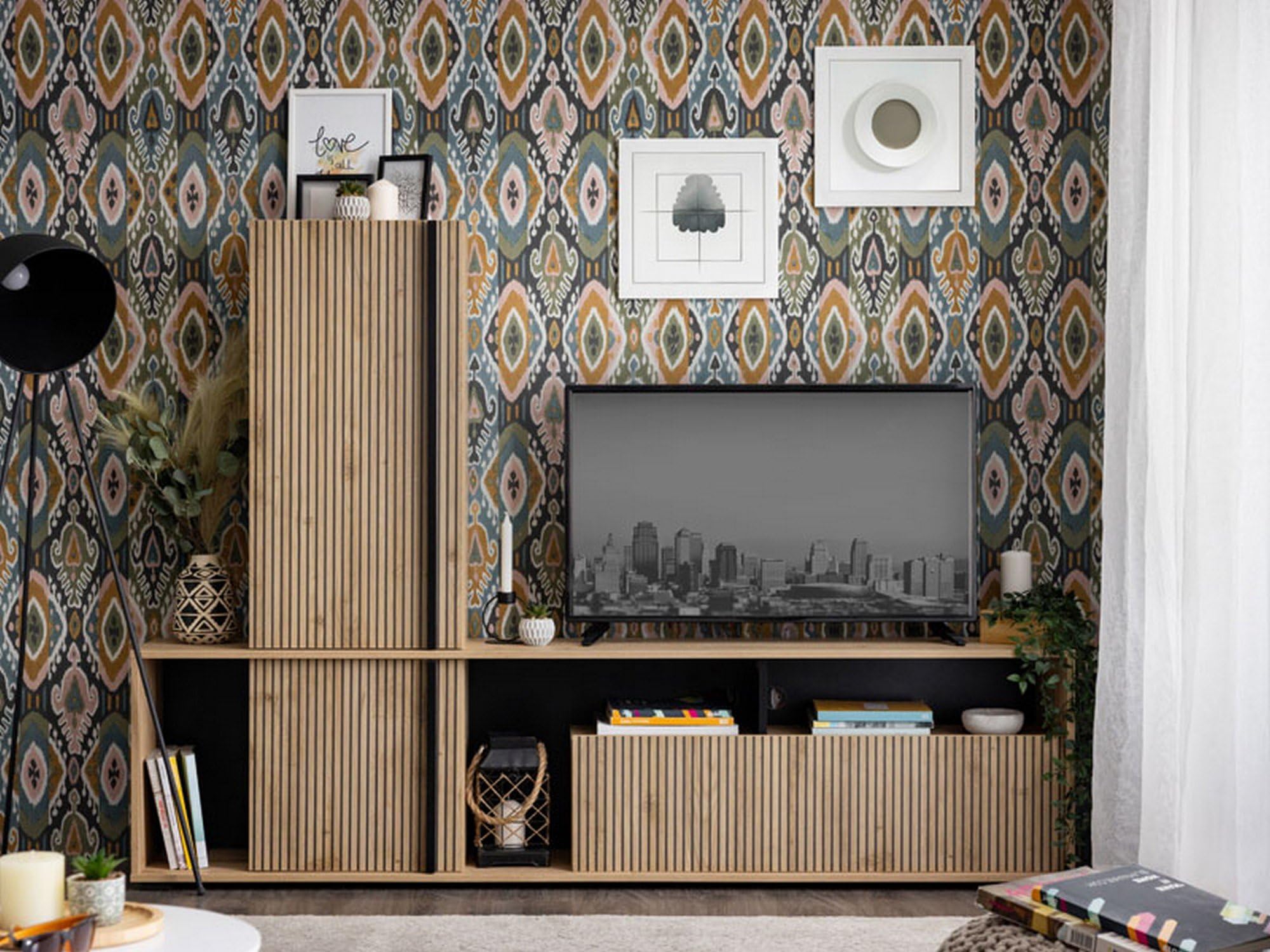 Dmora Parete Attrezzata Mosuko Marrone Rovere Nodi Modulabile 7 Ripiani, Mobile Soggiorno 3 Ante