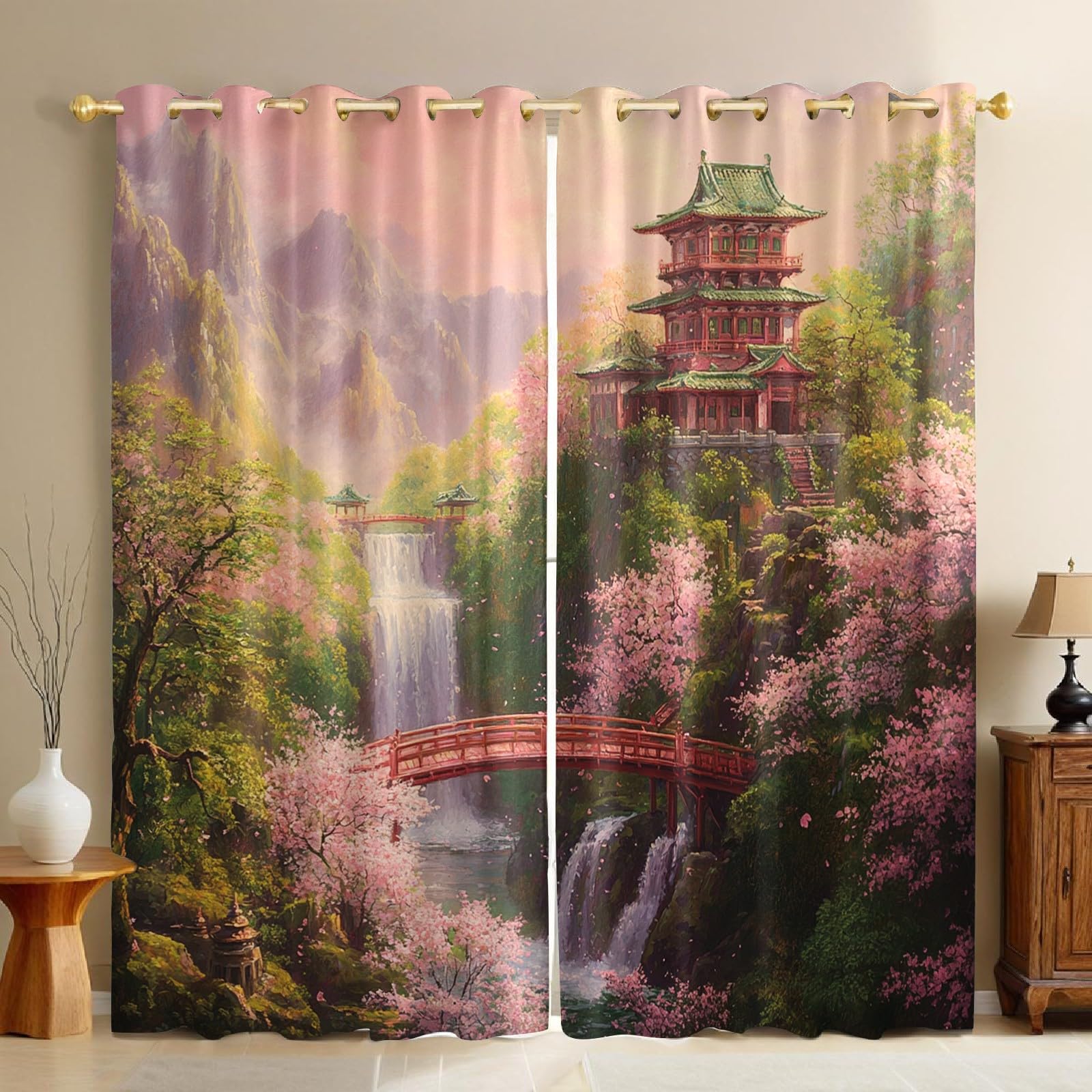 Rideau Occultant Salon et Chambre Décoration Printemps Cascade Vert 245cm
