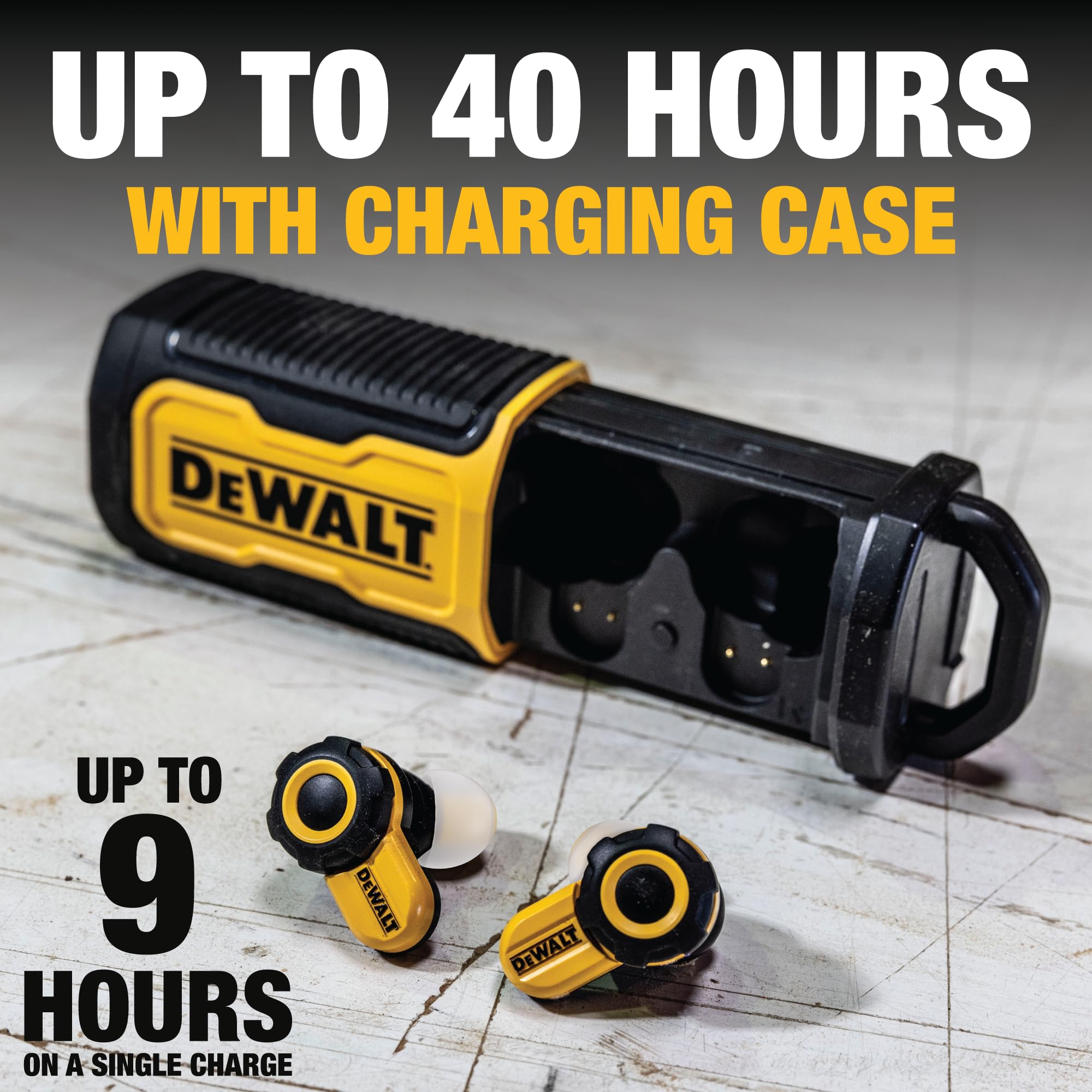 DEWALT Heavy Duty Bluetooth Jobsite Pro X2 ANC True Wireless Earbuds Active Noise Cancelling Work Earbuds Turn Dial Controls 10Hr Runtime 40 wCase 4 EQ Modes IP54 product thumbnail 6