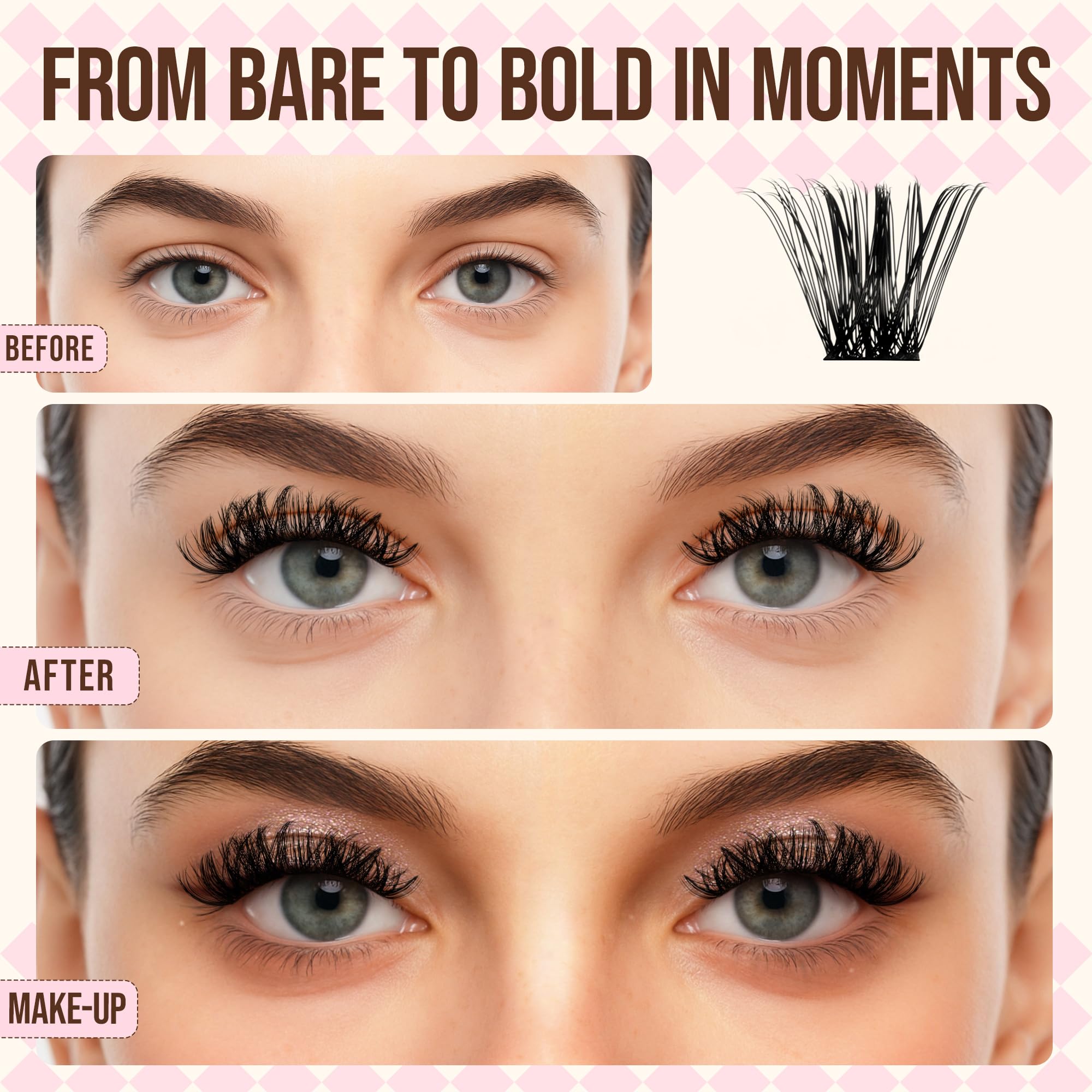 LASHVIEW Cluster Lashes 144Pcs D Curl Lash Clusters Natural Fluffy and Wispy Lashes Individual Cluster Super Thin Band Individual Eyelashes Soft and Comfortable for All Day (M02) - Image 2