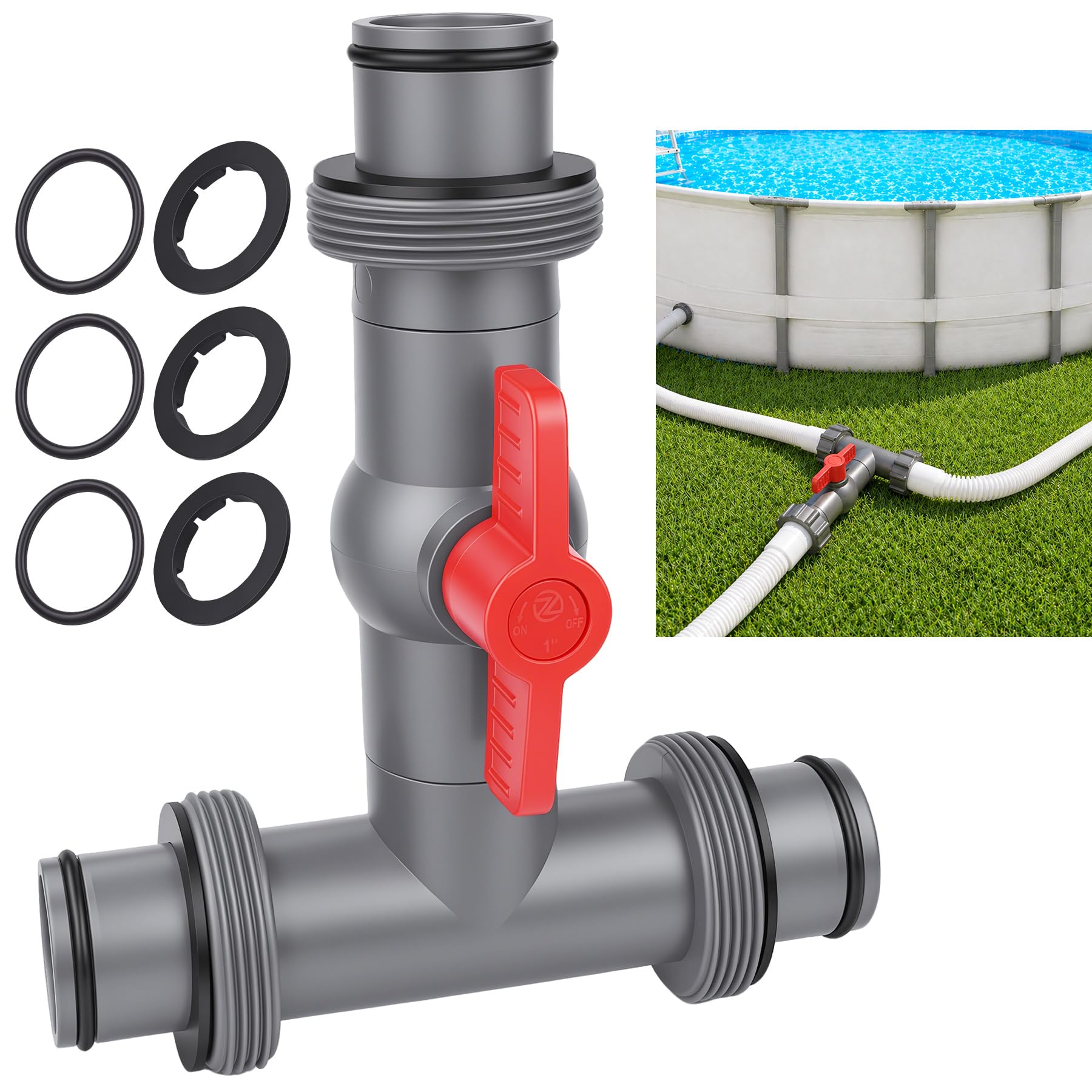 Photo 1 of Pool Hose Connector with Valve,1.5" T-Joint Pool Hose Adapter Valve for Leak-Proof Dual Seal and Control Water Flow, Durable PP Material, Easy No-Tool Install for Above Ground Pools and Filter Pump