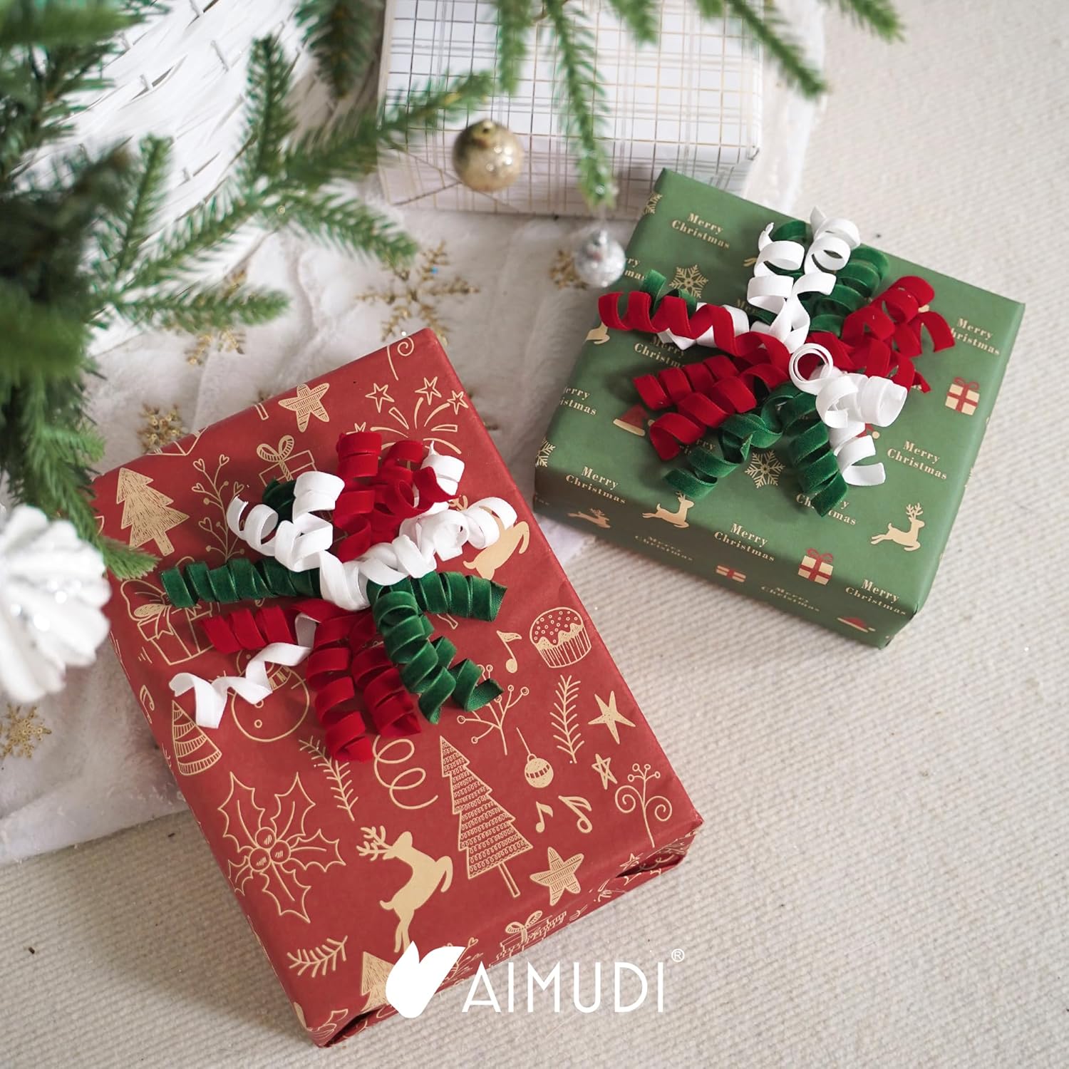 AIMUDI Curly Bows for Gift Wrapping 6.5'' Christmas Gift Bows White Green and Red Velvet Burst Bows Self Adhesive Bows for Treats Presents Crafts Christmas Party Favors, 8 PCs - Image 6