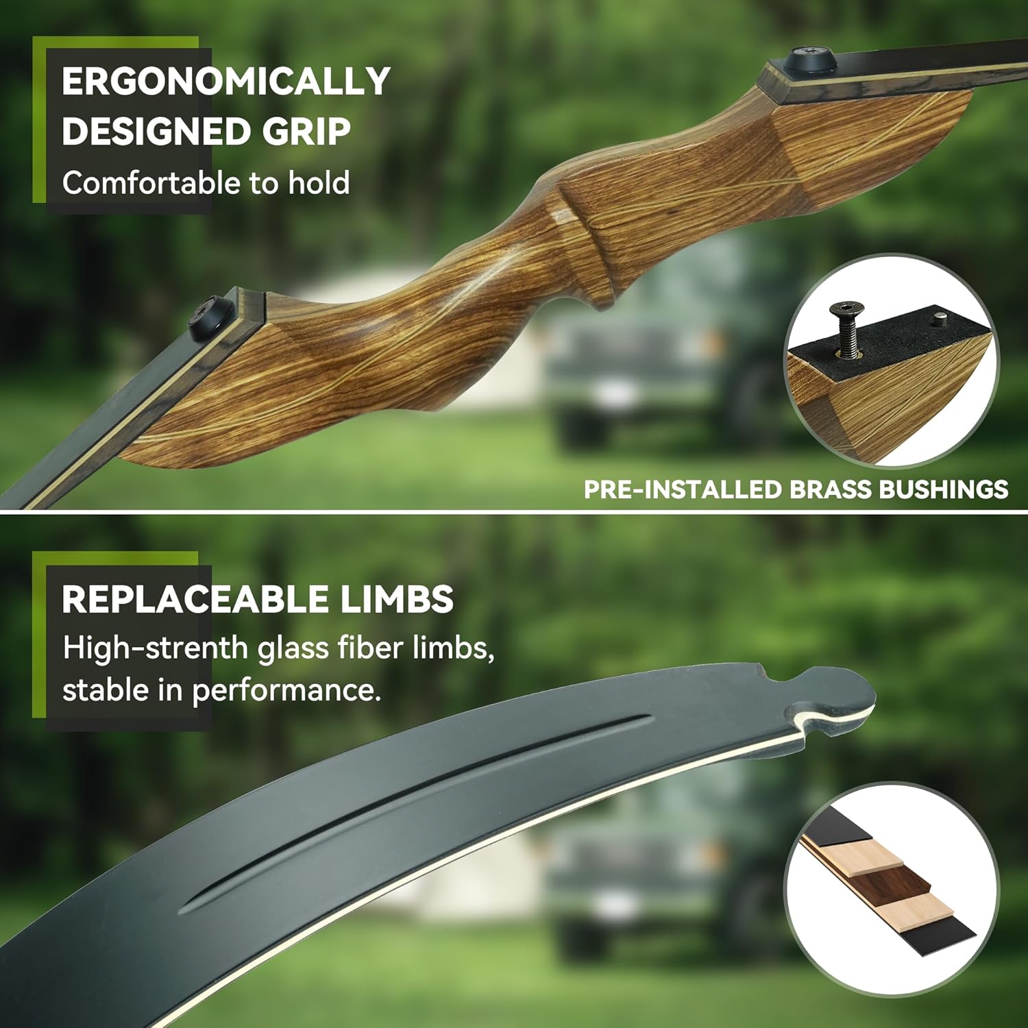 Black Hunter Recurve Bow and Arrow Set, GLURAK 60'' Wooden Takedown Recurve Bows Package, Archery Bow Kit for Target Practice and Hunting, Right Hand, 25-50 Lbs