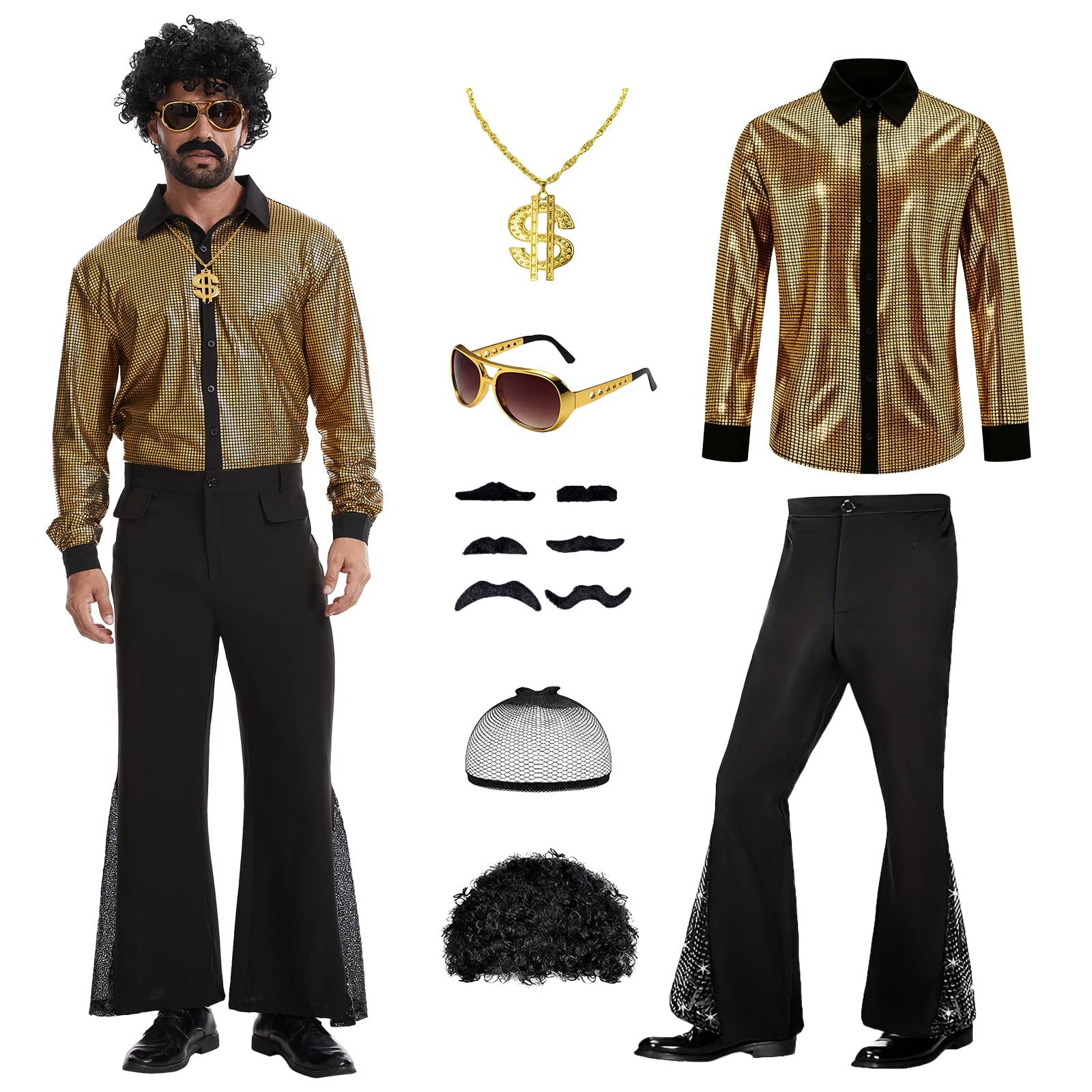 HZVRTN 70s Fancy Dress Mens,Disco Ball Costume,1970s Retro Outfit with Accessories for Retro-themed Parties And Halloween. (Gold, M)