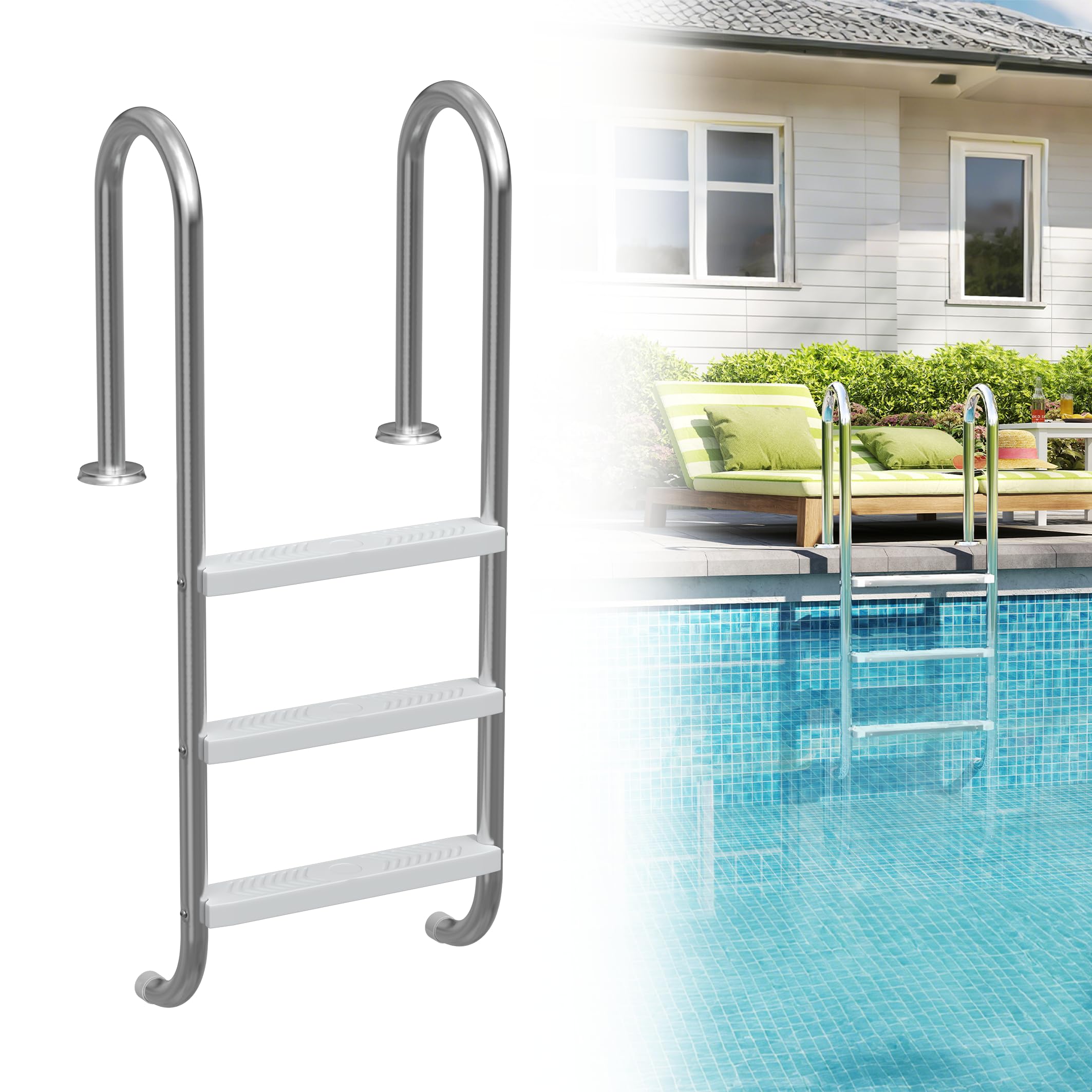 XMTECH 3 Stufen Poolleiter Edelstahl, rutschfeste ABS-Stufen mit Verstärkungsrippen, abgerundet ohne Kratzgefahr, mit Montagematerial, für Pool bis 1,3 m Tiefe, 150 kg Tragkraft